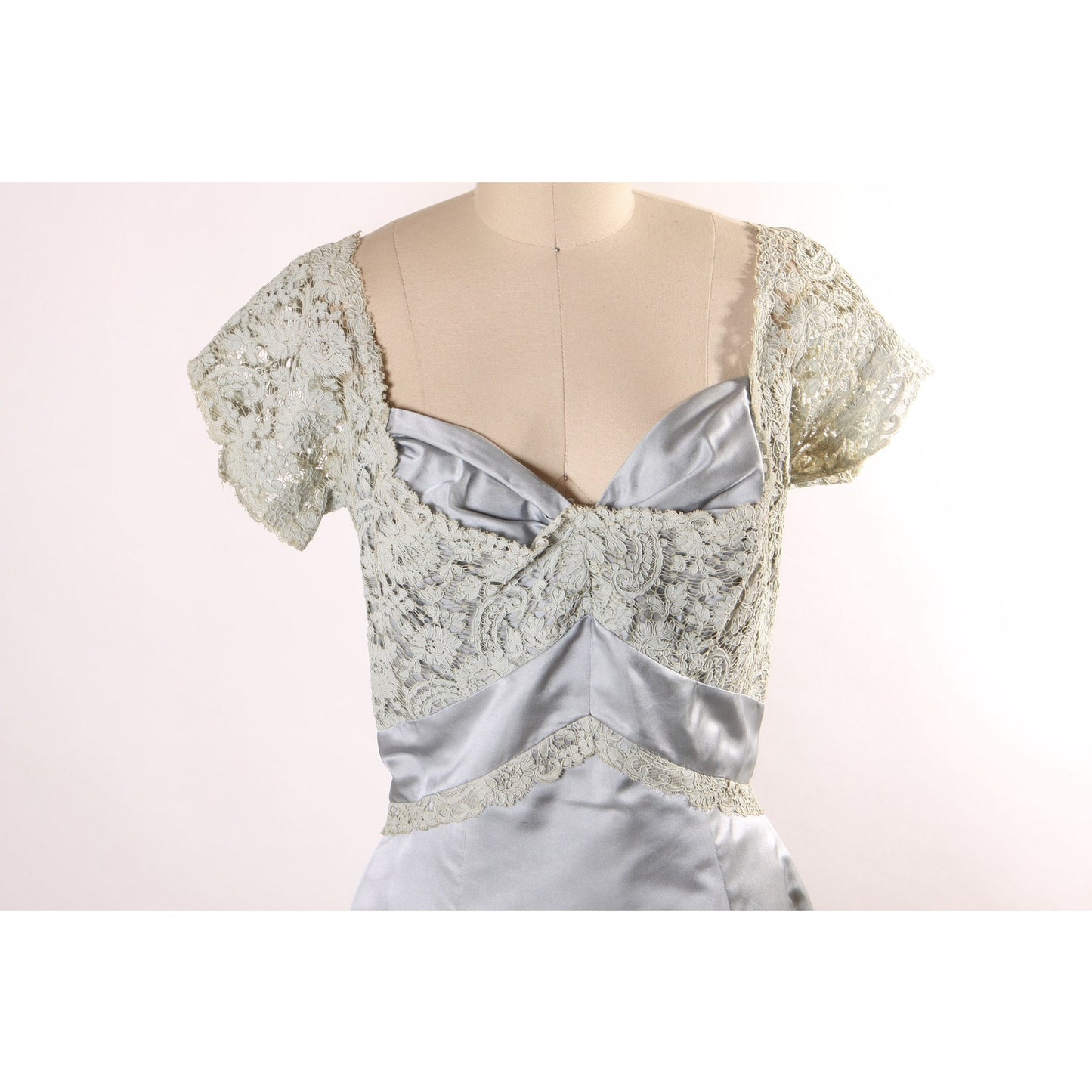 Early 1950s Pale Ice Blue Short Sleeve Sheer Lace Overlay Formal Dress by Montaldo’s -L