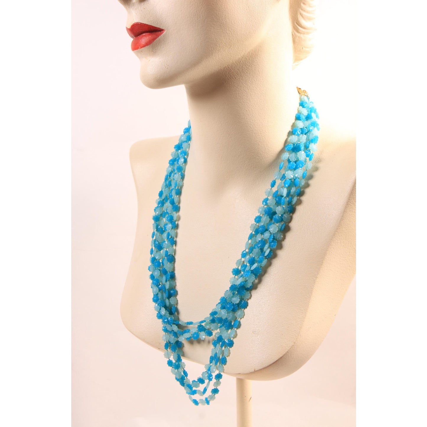 1960s Turquoise Blue Flower Floral Shaped Beaded Multi-Strand Necklace