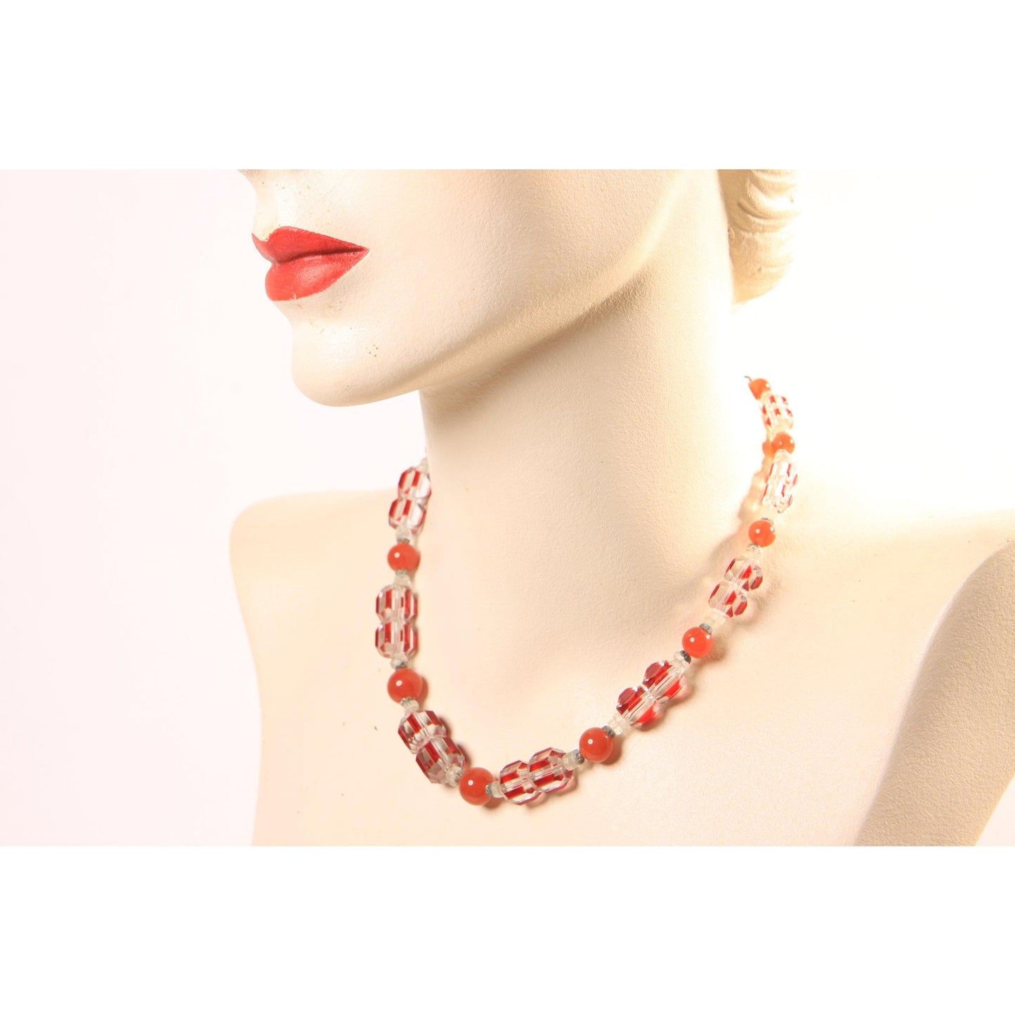Vintage Clear, Orange and Red Faceted Glass Beaded Necklace