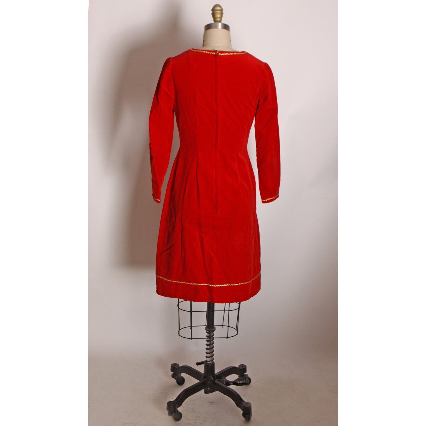1960s Red Velvet 3/4 Length Sleeve Gold Trim Flared Christmas Dress -XS