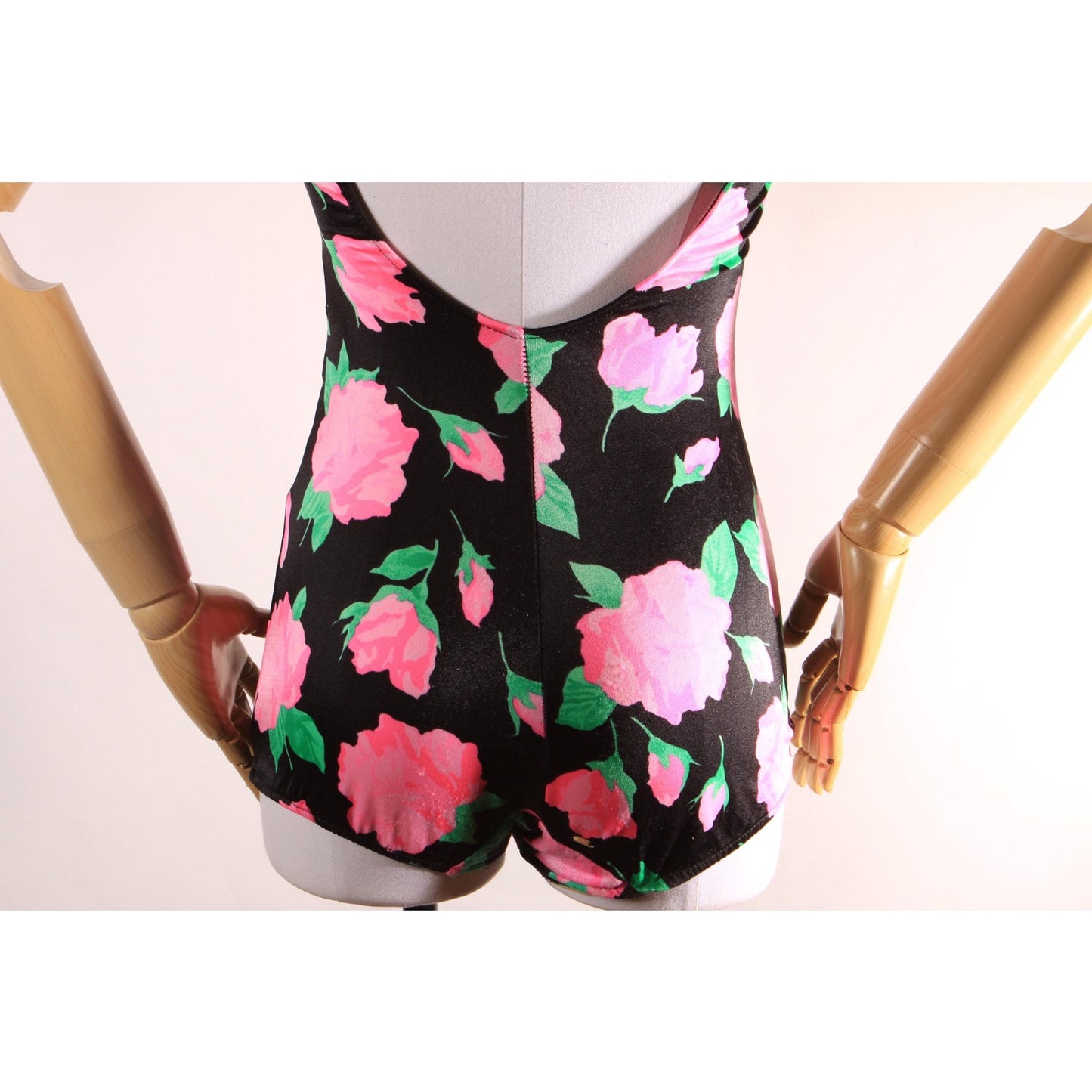 1970s 1980s Black, Pink and Green Floral One Piece Swimsuit by Maxine of Hollywood -M-L