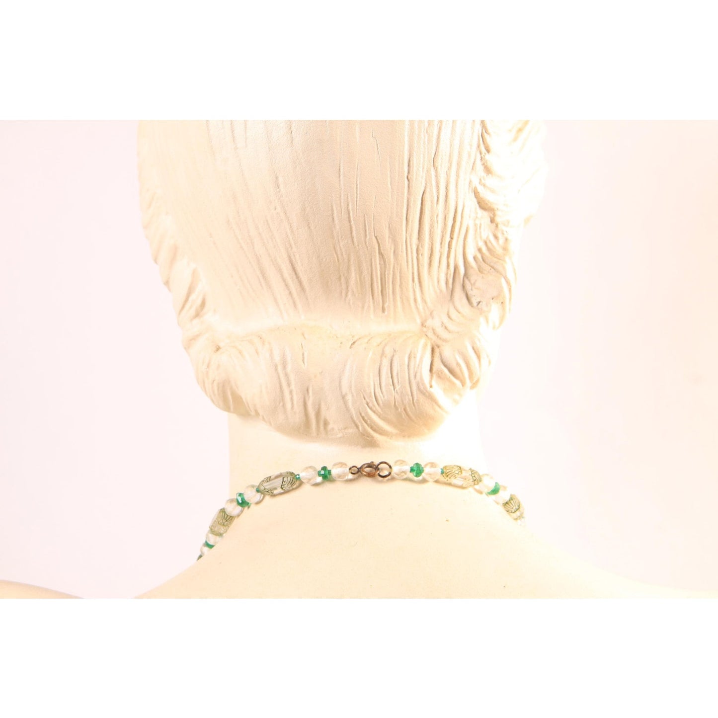1930s Clear Glass and Green Floral Etched Art Deco Drop Chain Necklace