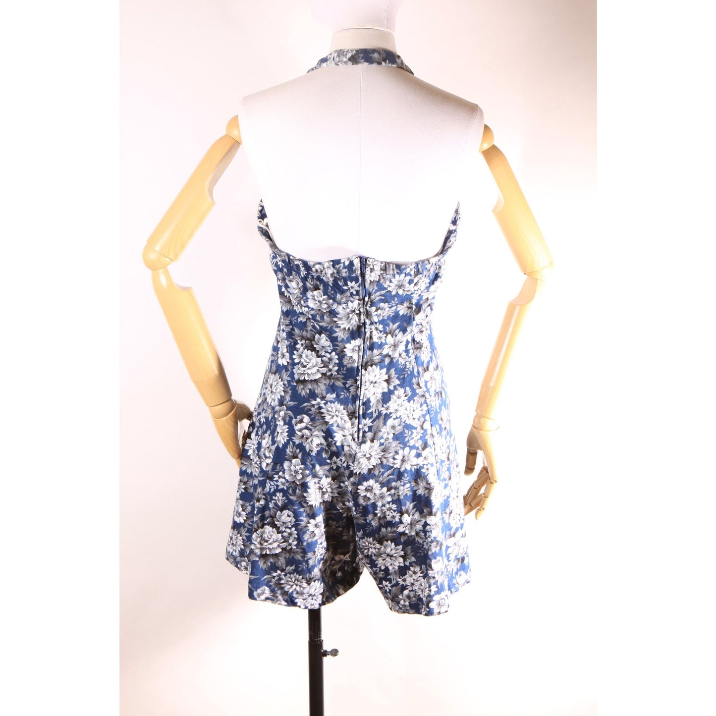 1990s Blue and White Floral Halter Top One Piece Romper by Energie -M