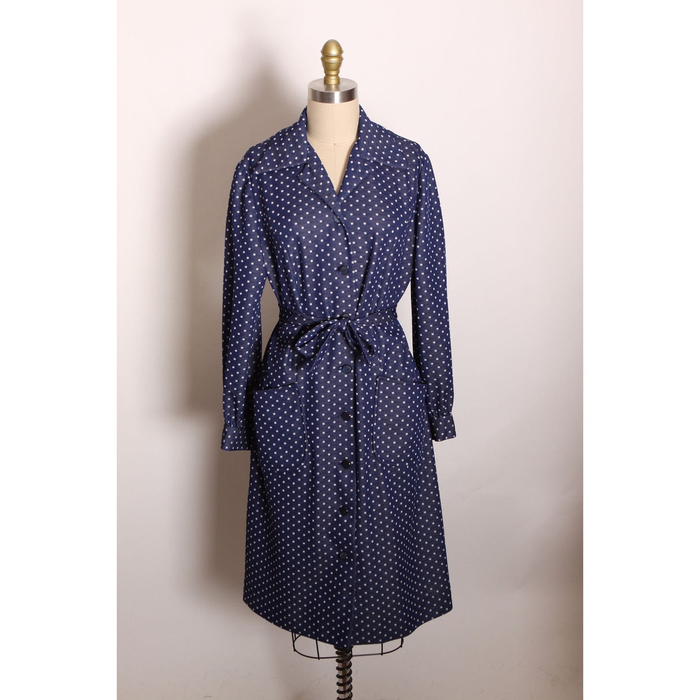 1970s Navy Blue and White Polka Dot Long Sleeve Pocketed Button Up Front Polyester Dress -L