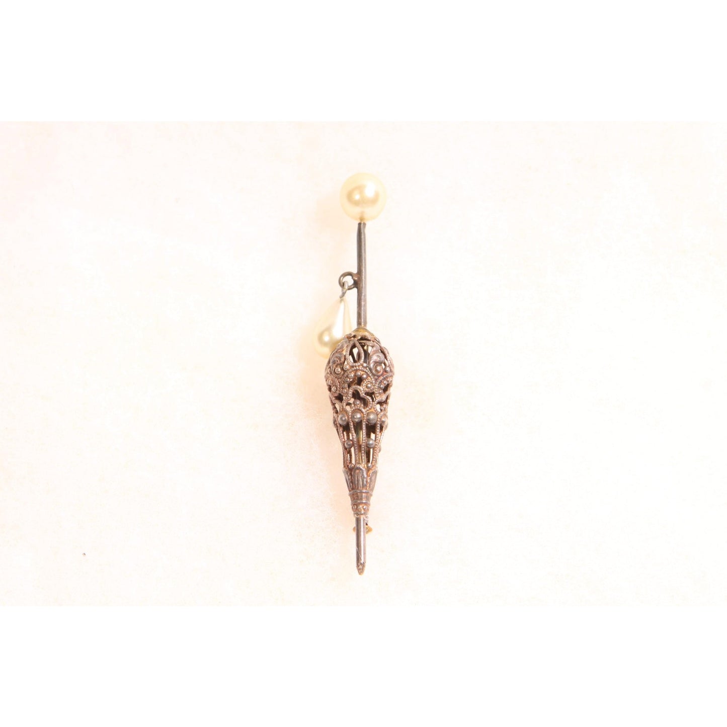 Antique 1920s Novelty Silver Tone Metal Faux Pearl Umbrella Parasol Brooch