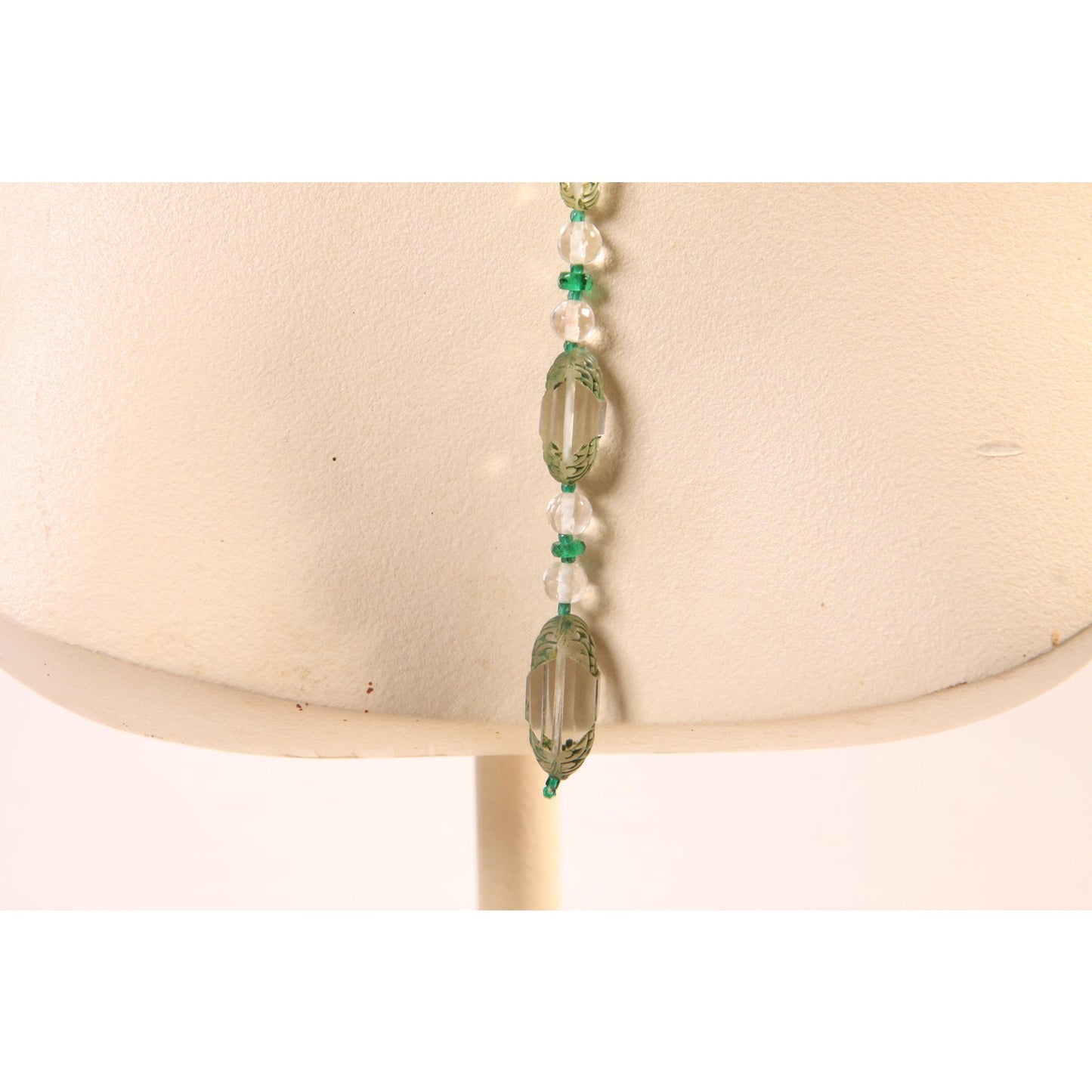 1930s Clear Glass and Green Floral Etched Art Deco Drop Chain Necklace