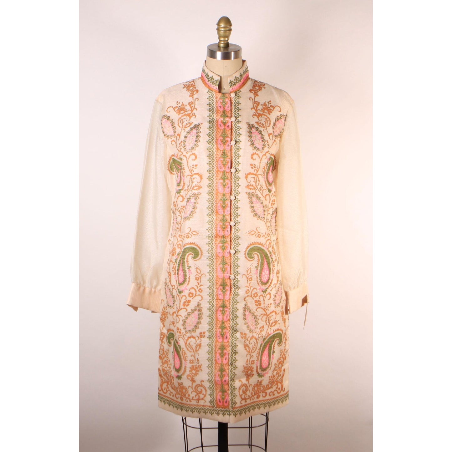 1960s Pale Beige Pink and Green Swirl Paisley Print Sheer Long Sleeve Hawaiian Dress by Alfred Shaheen -S-M