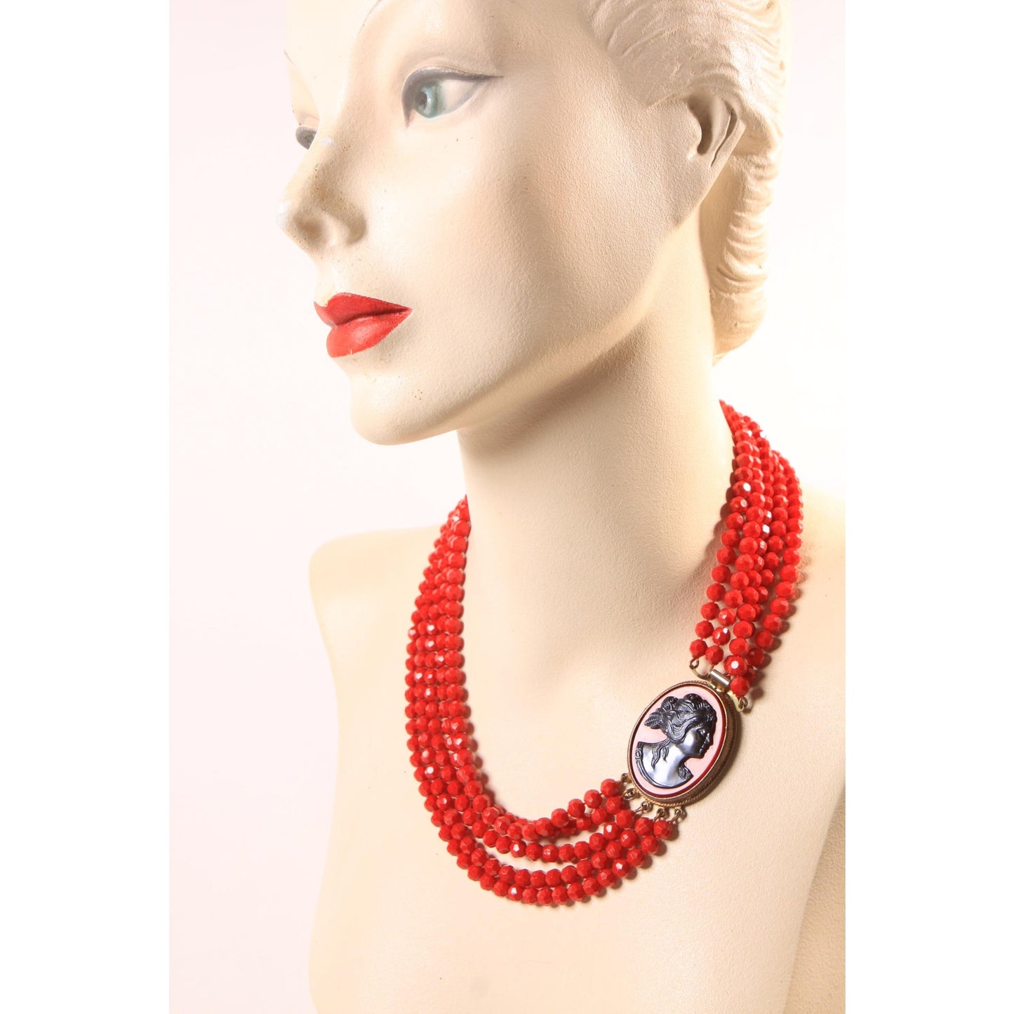 1950s 1960s Red Plastic Beaded Multi-Strand Red and Black Cameo Necklace