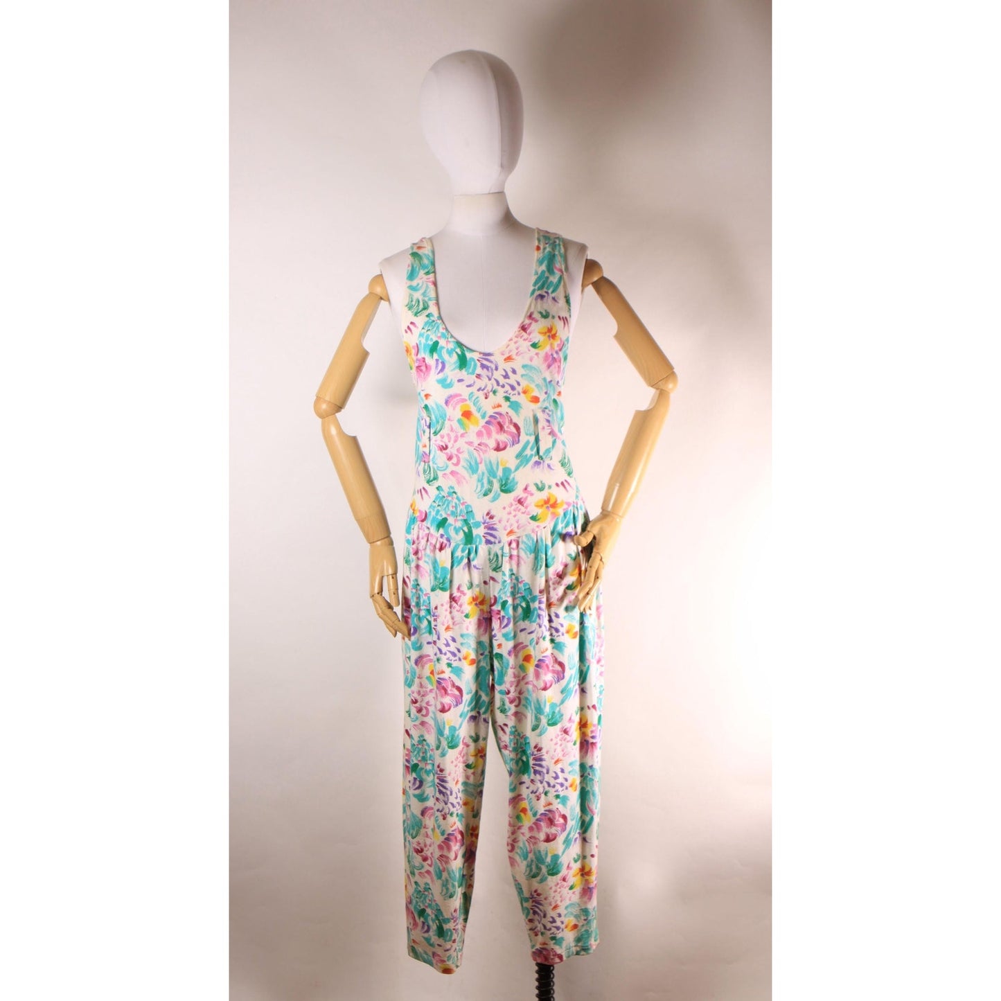 1980s White and Multi-Colored Floral Wide Strap Drop Waist One Piece Jumpsuit -L-XL