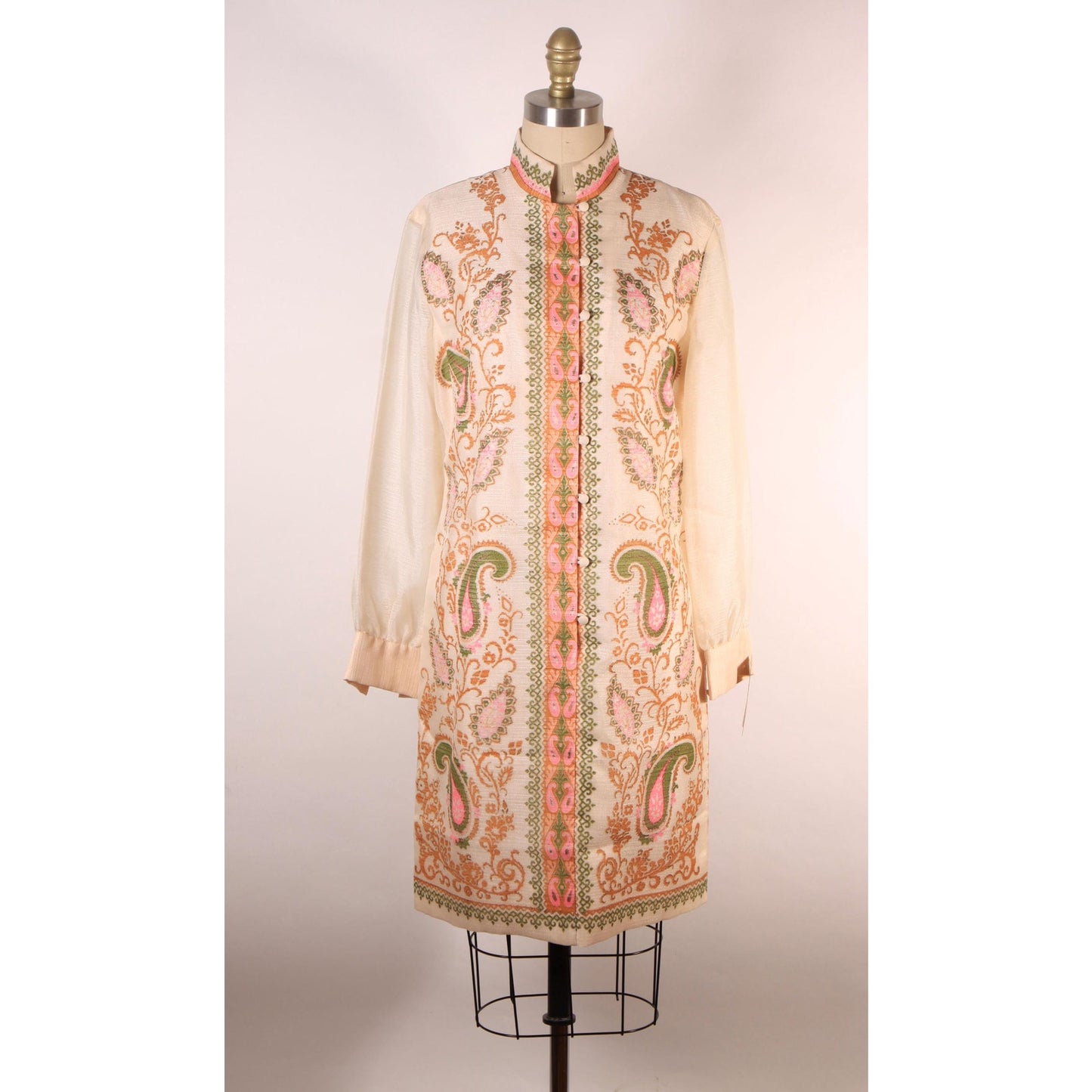 1960s Pale Beige Pink and Green Swirl Paisley Print Sheer Long Sleeve Hawaiian Dress by Alfred Shaheen -S-M