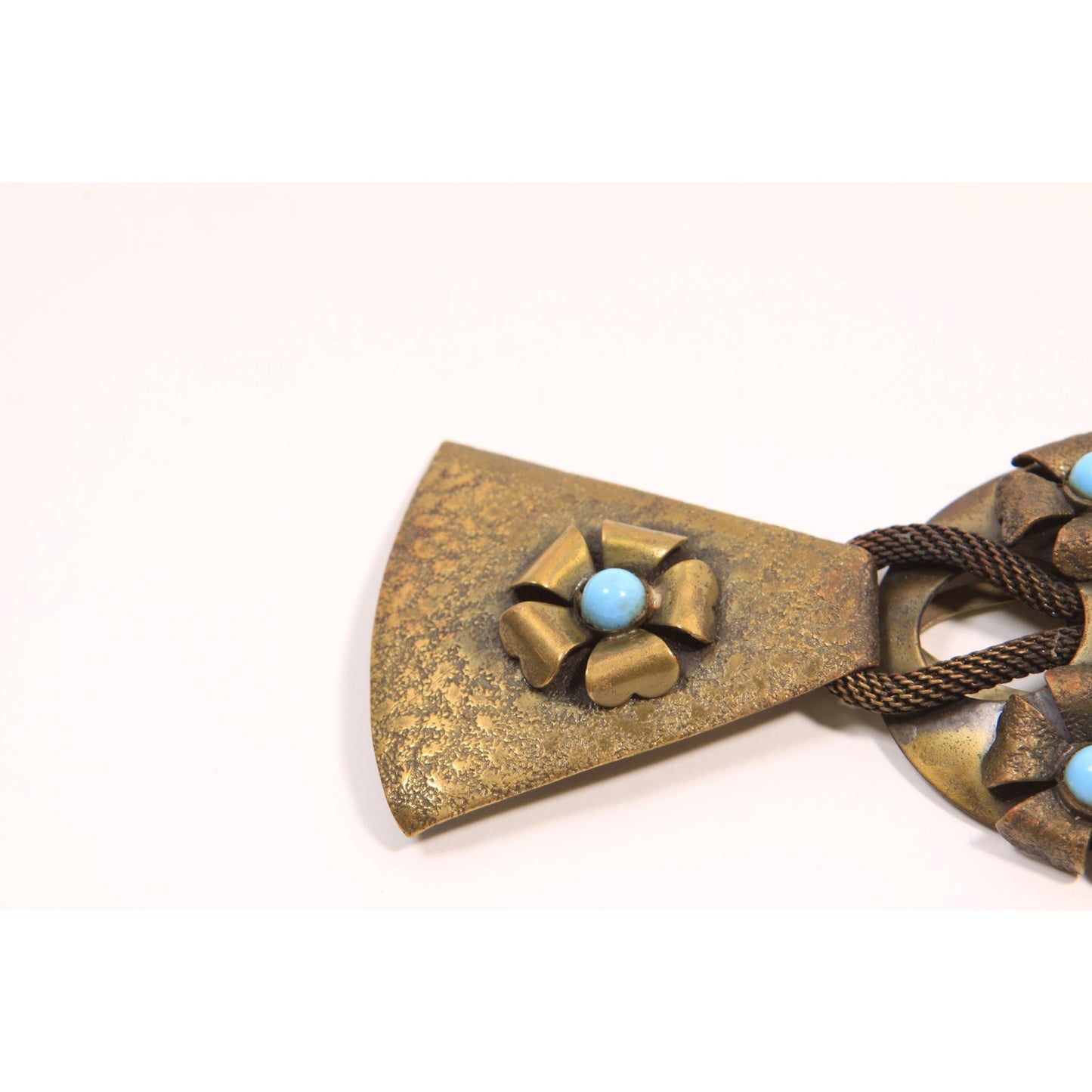 Antique 1900s 1910s Art Nouveau Edwardian Bronze and Turquoise Blue Metal Belt Buckle Clasp