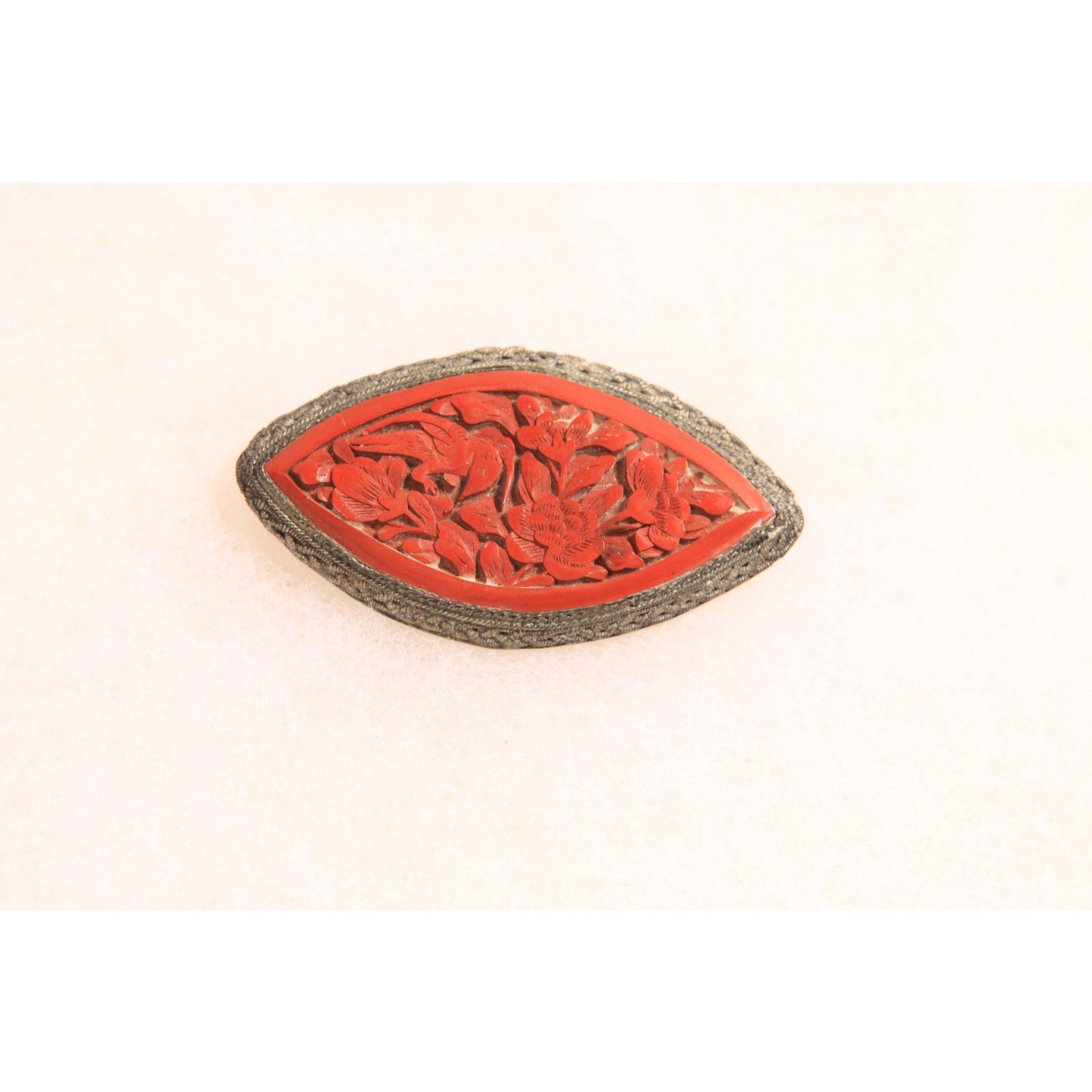 1930s Silver Tone Metal and Red Cinnabar Flower Brooch
