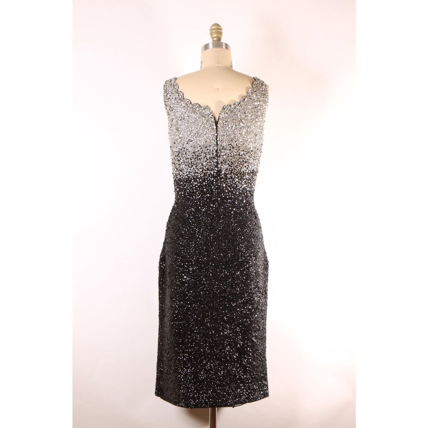 1950s Black and Silver Ombre Fade Metallic Sequin Bombshell Wiggle Dress with Matching Cropped Bolero Jacket by Gene Shelly -M