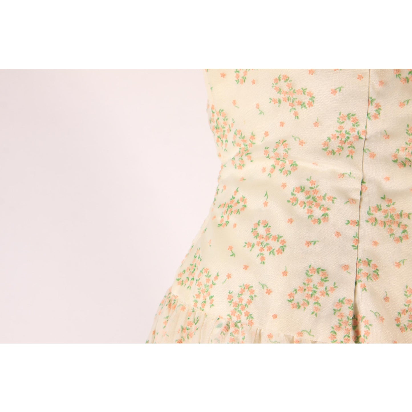1940s Cream Off White Pink and Green Floral Bow Flocked Velvet Strapless Floor Length Formal Dress