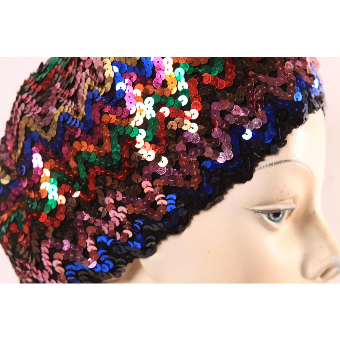 1970s 1980s Black and Multi-Colored Rainbow Sequin Slouchy Hat