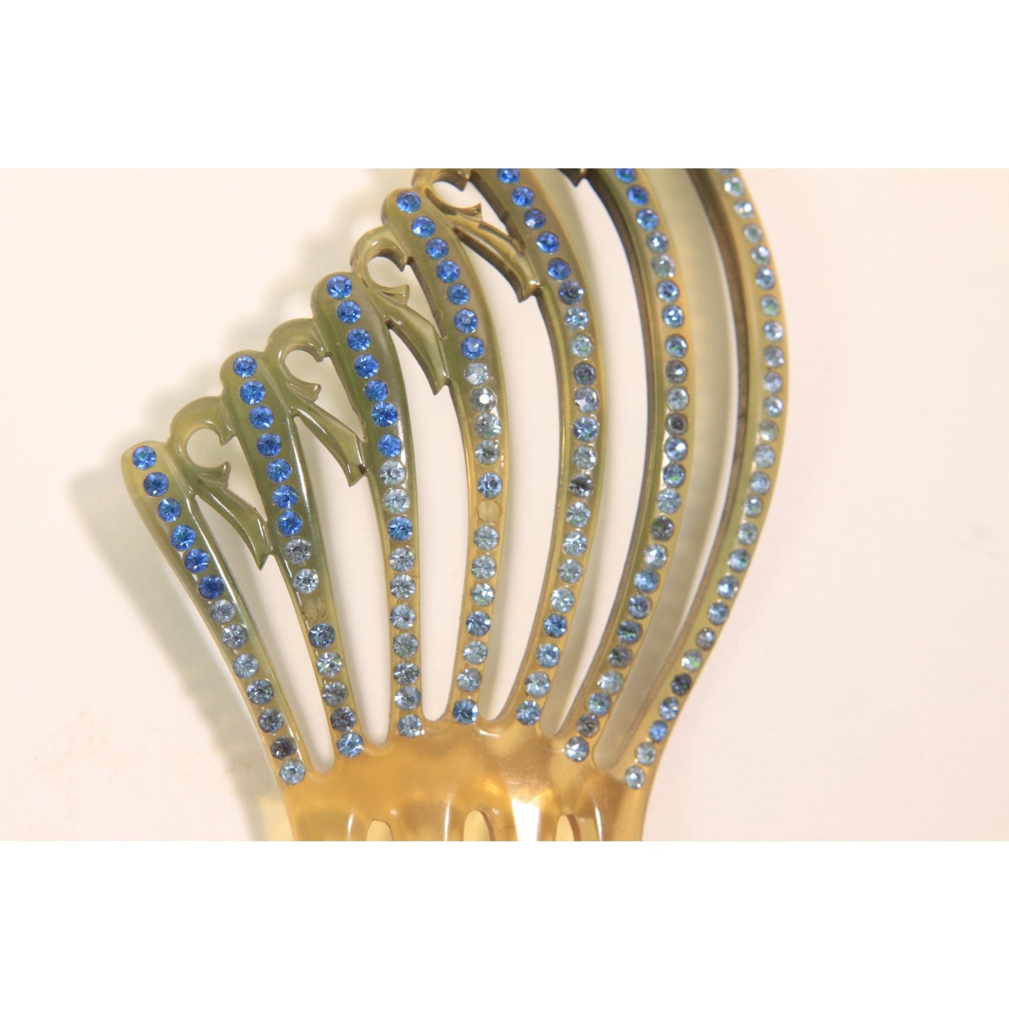 1930s Tan, Gray and Blue Rhinestone Fan Art Deco Hair Comb