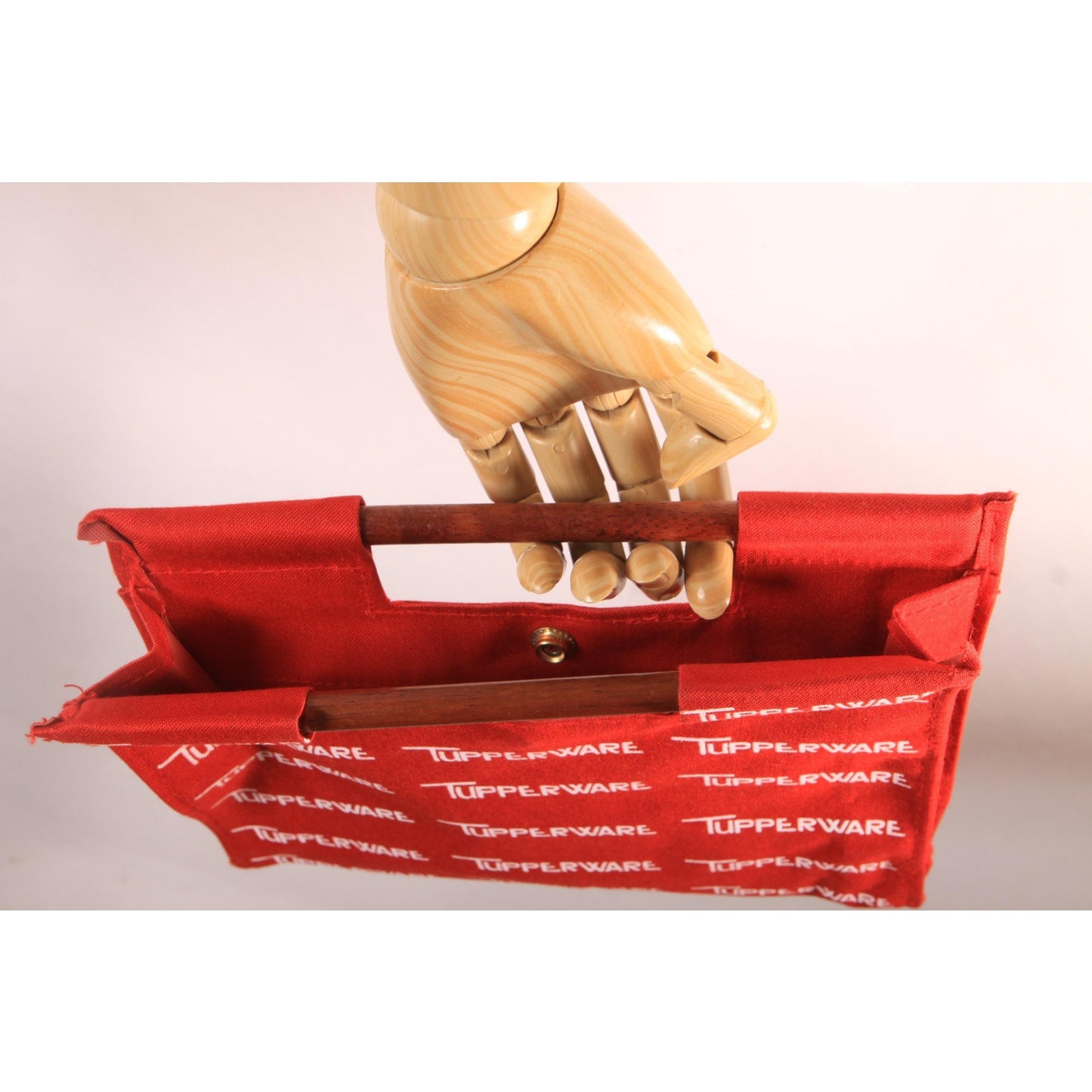 Deadstock 1970s 1980s Red and White Novelty Tupperware Advertisement Wood Top Handle Bag Purse