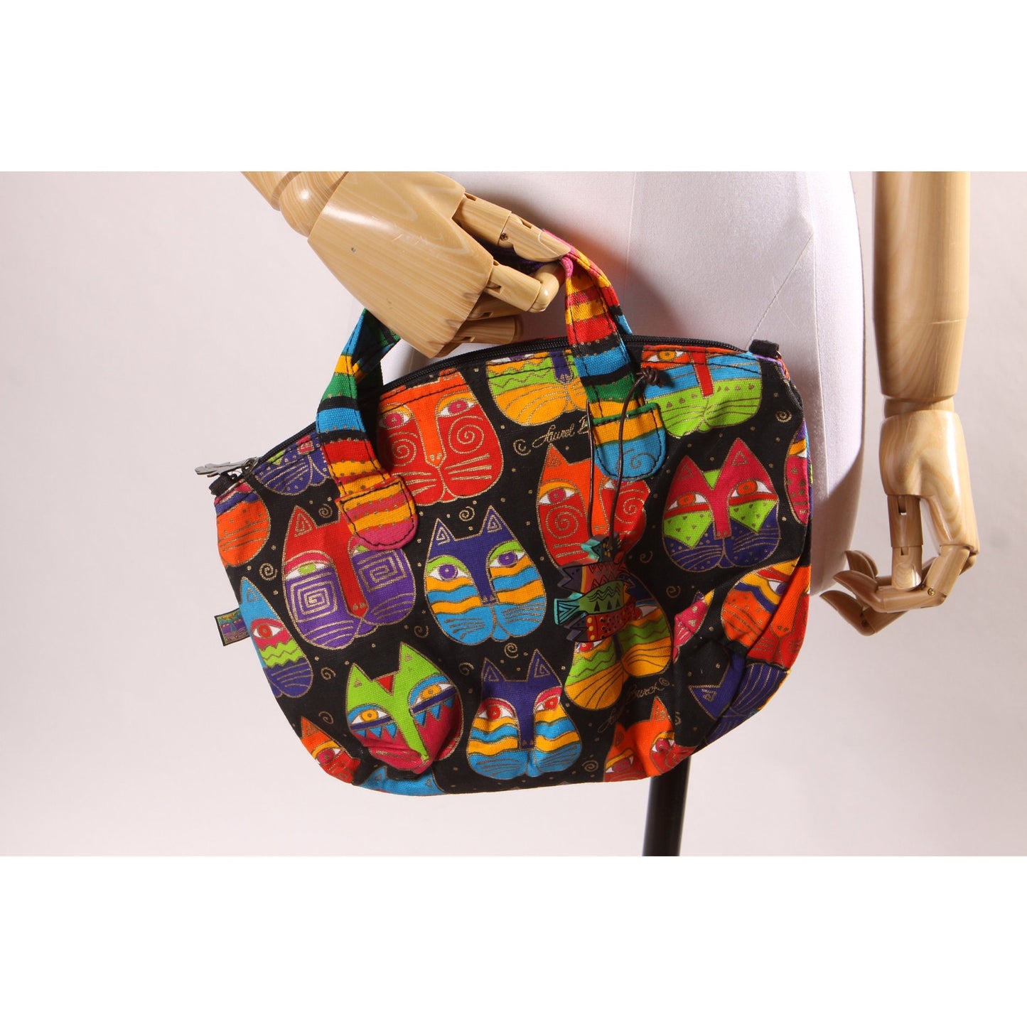 Deadstock 1980s Novelty Rainbow Multi-Colored Cat Print Top Handle Crossbody Shoulder Strap Purse by Laurel Burch