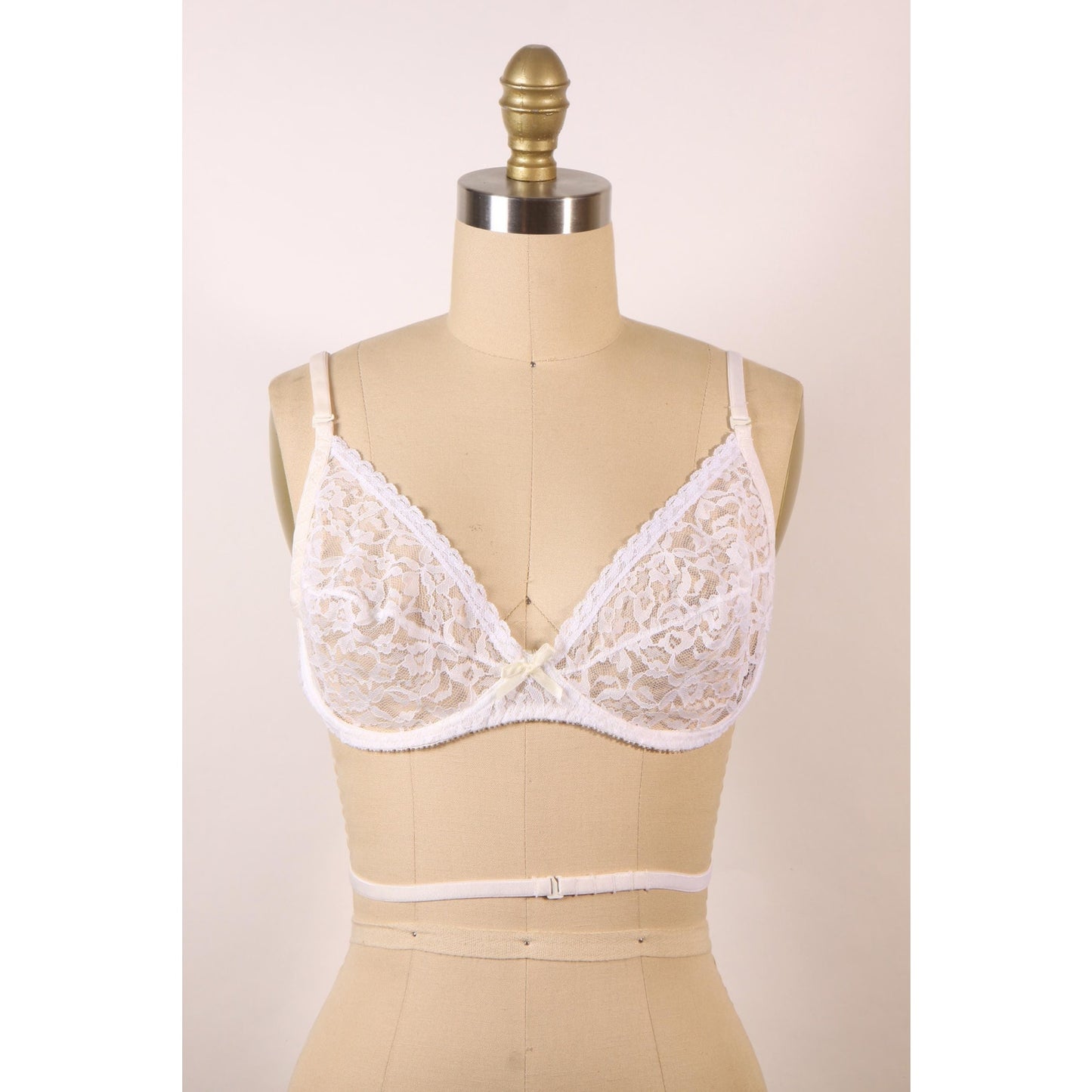 1970s Sheer White Floral Lace Bow Detail Underwire Criss Cross Low Cut Back Bra by Fredericks of Hollywood-38C