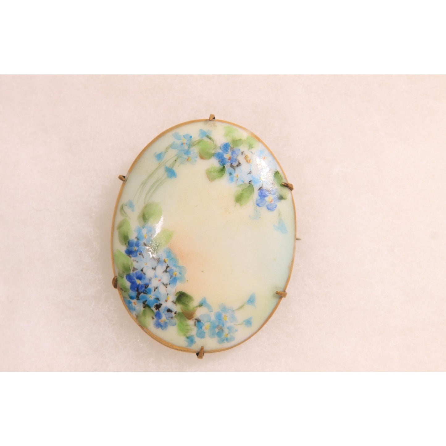 Antique Victorian 1800s Cream, Blue and Green Floral Hand Painted Porcelain Brooch