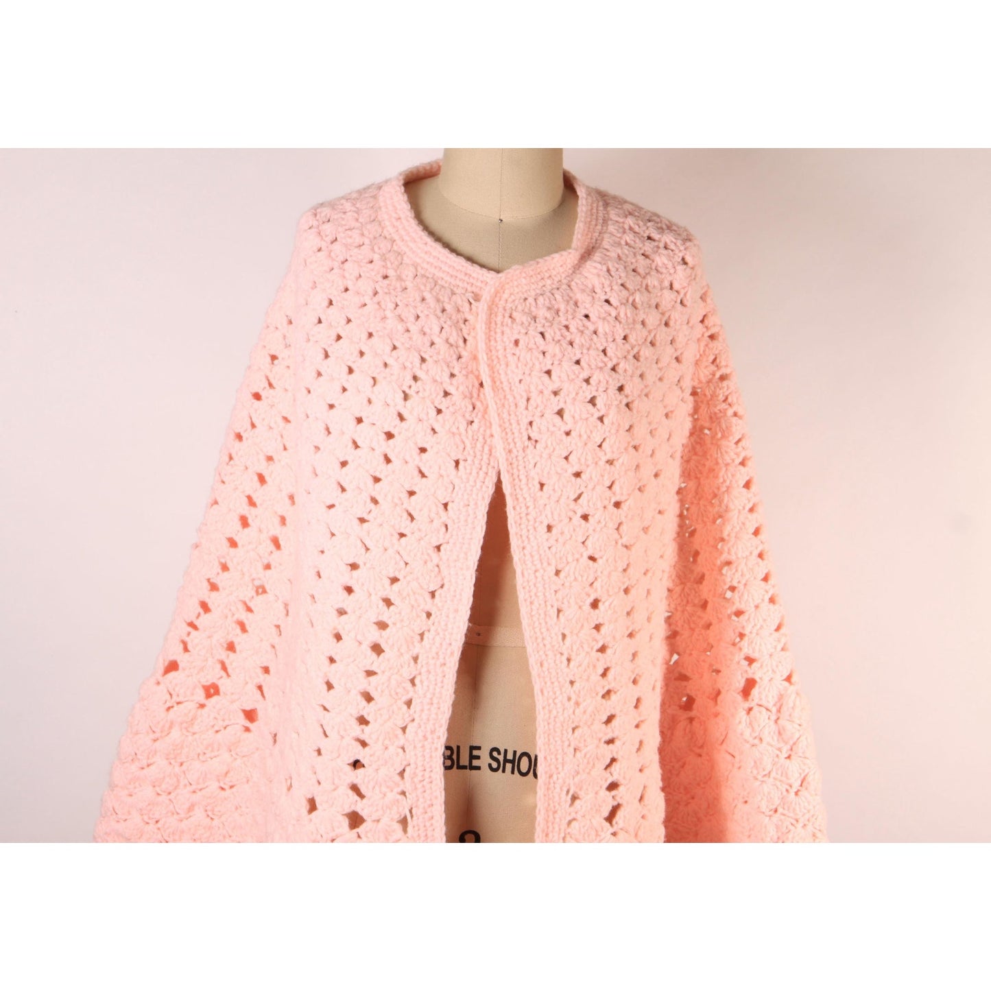 Late 1960s Early 1970s Pastel Pink Crochet Shawl Wrap