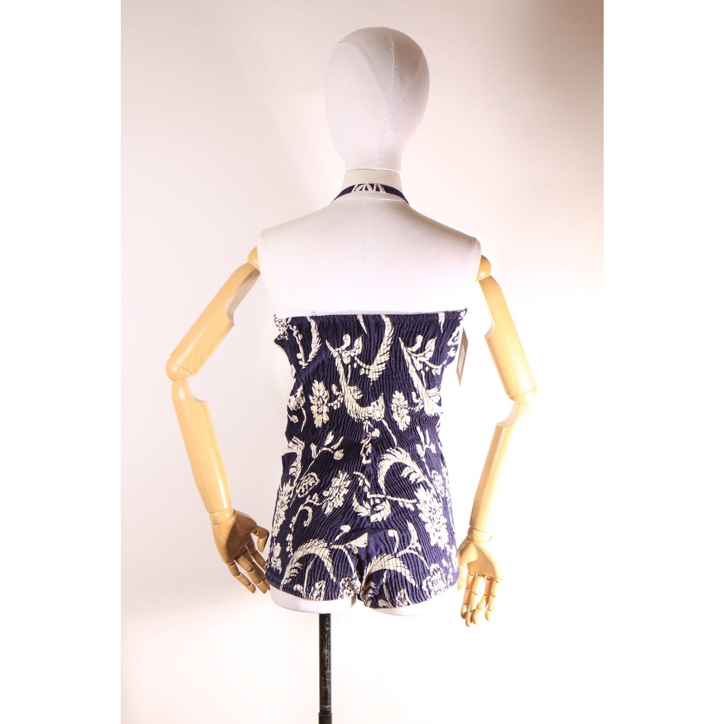 1950s Dark Blue and White Floral Hawaiian Ruched One Piece Swimsuit by Made in Hawaii -S