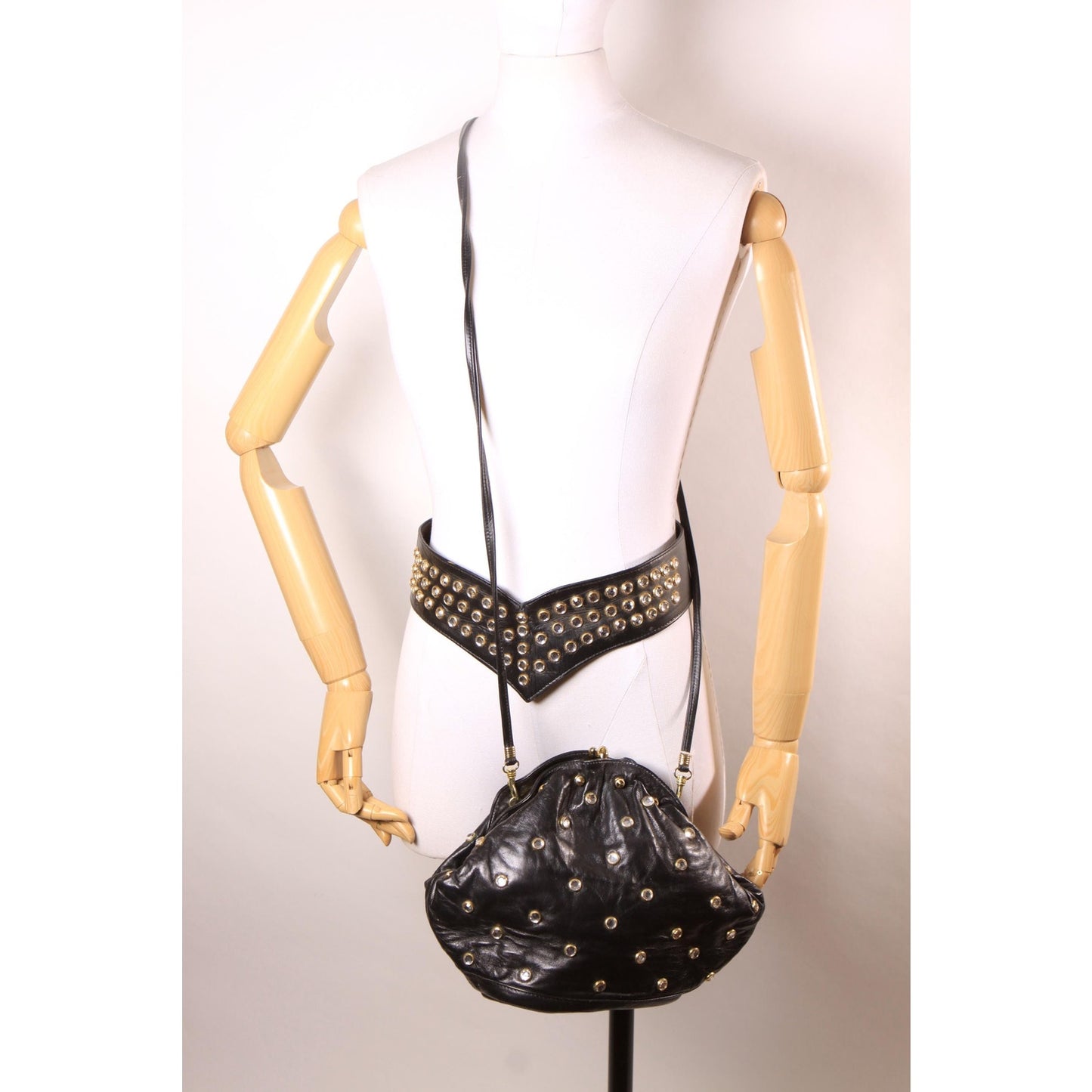 1980s Black Leather Gold Metal Rhinestone Bedazzled Shoulder Bag Purse with Matching Rhinestone Leather V Shaped Belt by Isabel