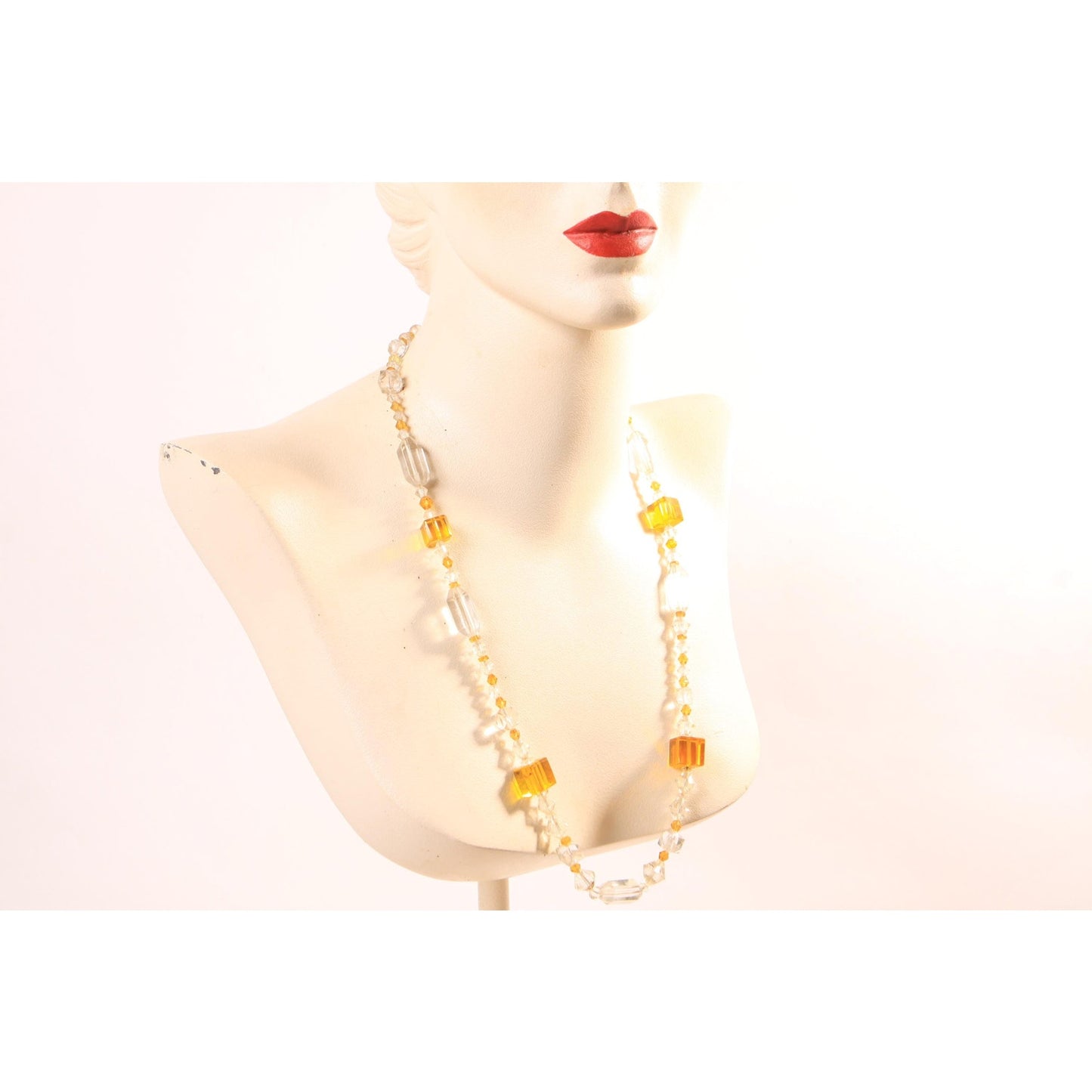 Vintage Clear Glass and Yellow Square and Faceted Beaded Necklace by Made in Czechoslovakia