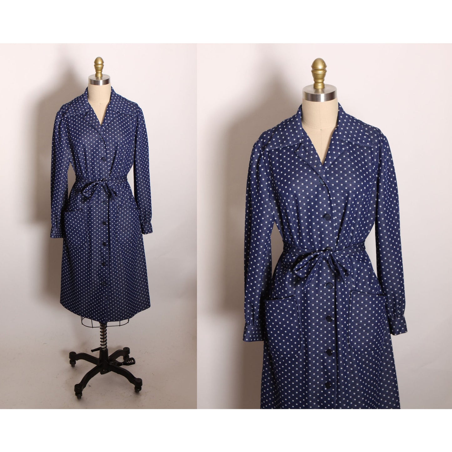 1970s Navy Blue and White Polka Dot Long Sleeve Pocketed Button Up Front Polyester Dress -L