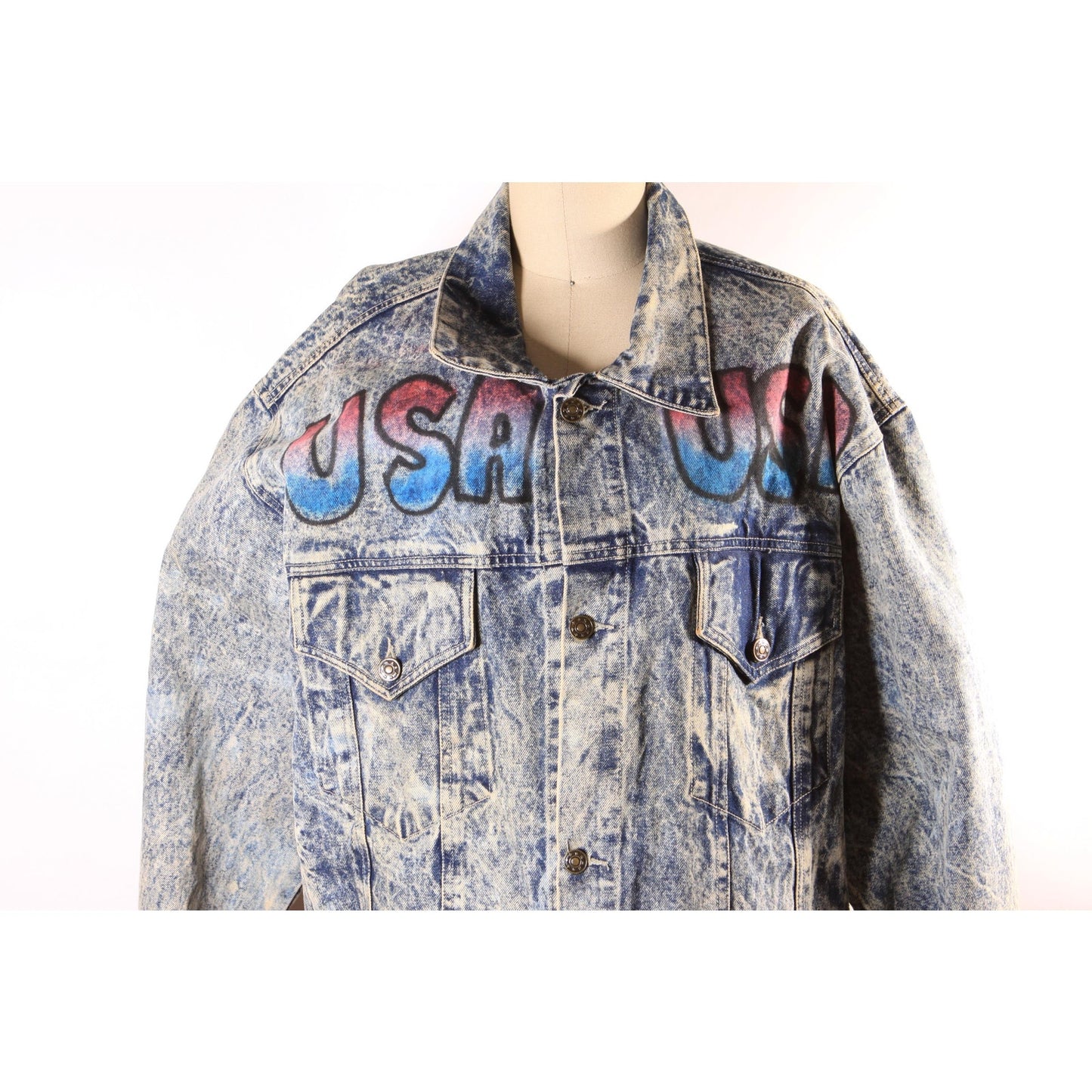 1980s Blue Denim Acid Wash Oversized Airbrush America Bald Eagle USA American Flag Jacket Coat by First Concept -L