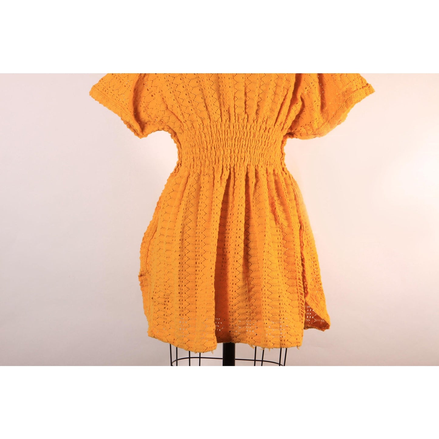1970s Golden Harvest Yellow Smocked Short Sleeve Knit Blouse -L