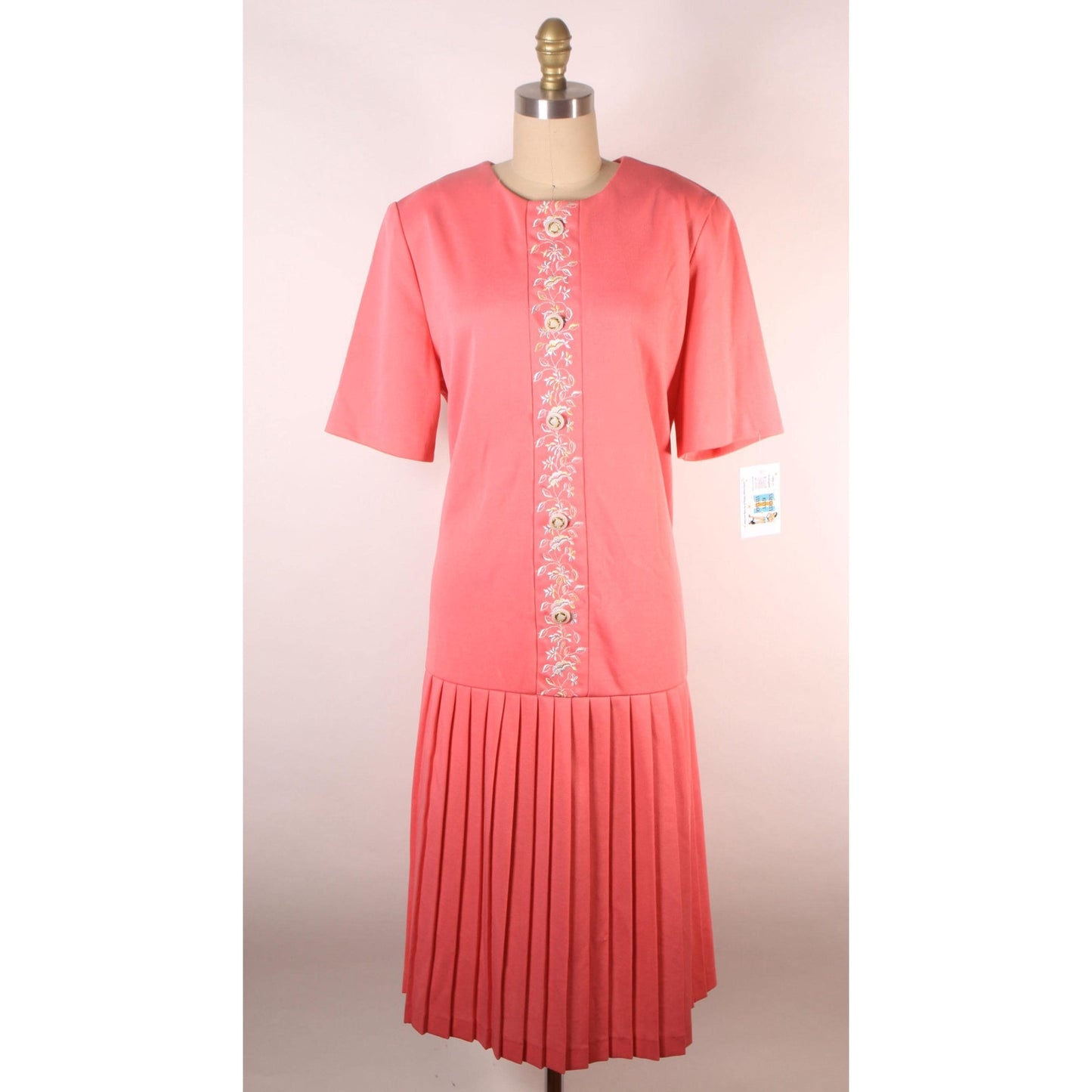1960s Pink Short Sleeved Floral Trim Drop Waisted Pleated Skirt Plus Size Volup Scooter Dress -XL