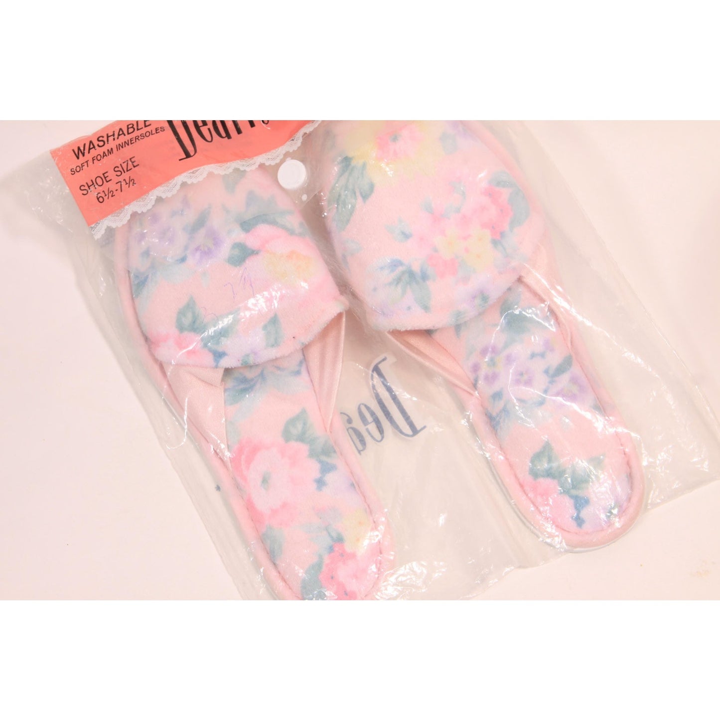 Deadstock 1950s 1960s Pink and Blue Floral Slippers by Dearfoams-Size 6 1/2-7 1/2