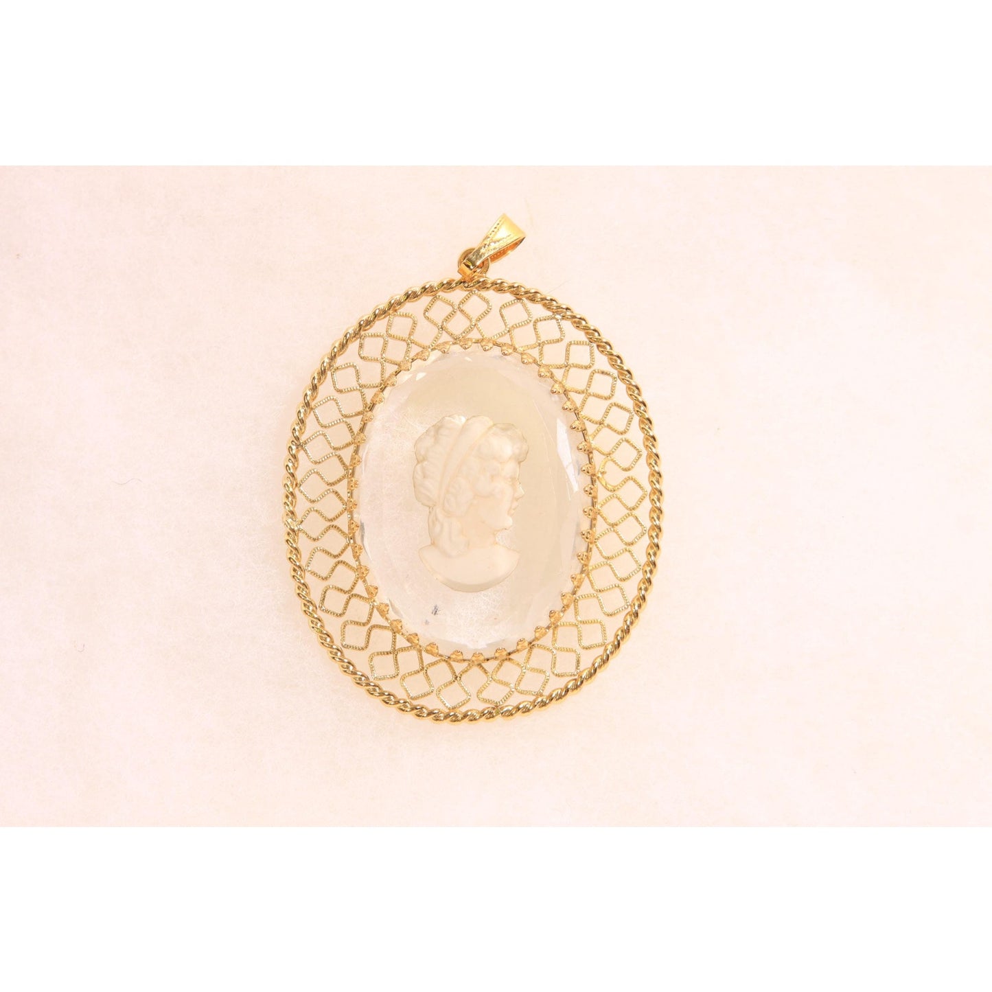 1950s 1960s Gold Tone Metal and Clear Glass Etched Cameo Necklace Pendant