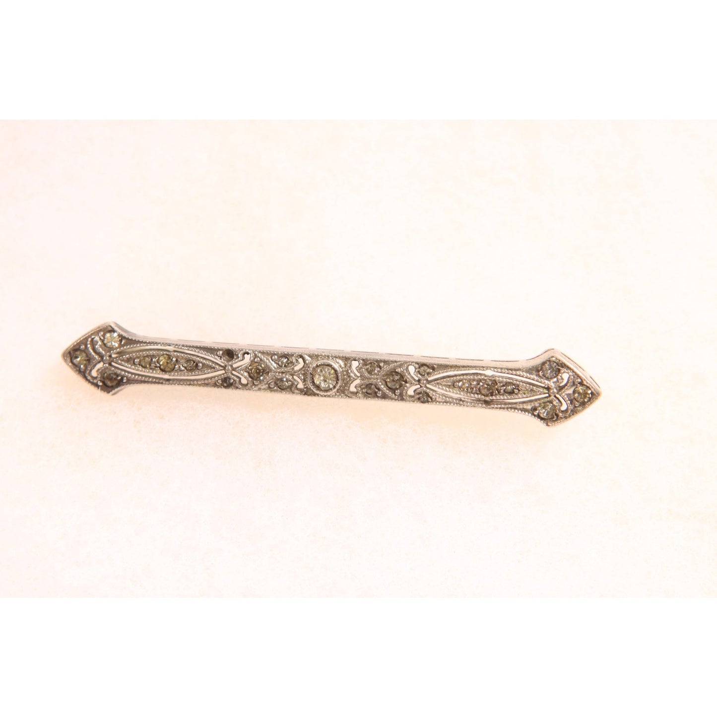 Antique 1920s Sterling Silver Marcasite Rhinestone Art Deco Bar Brooch