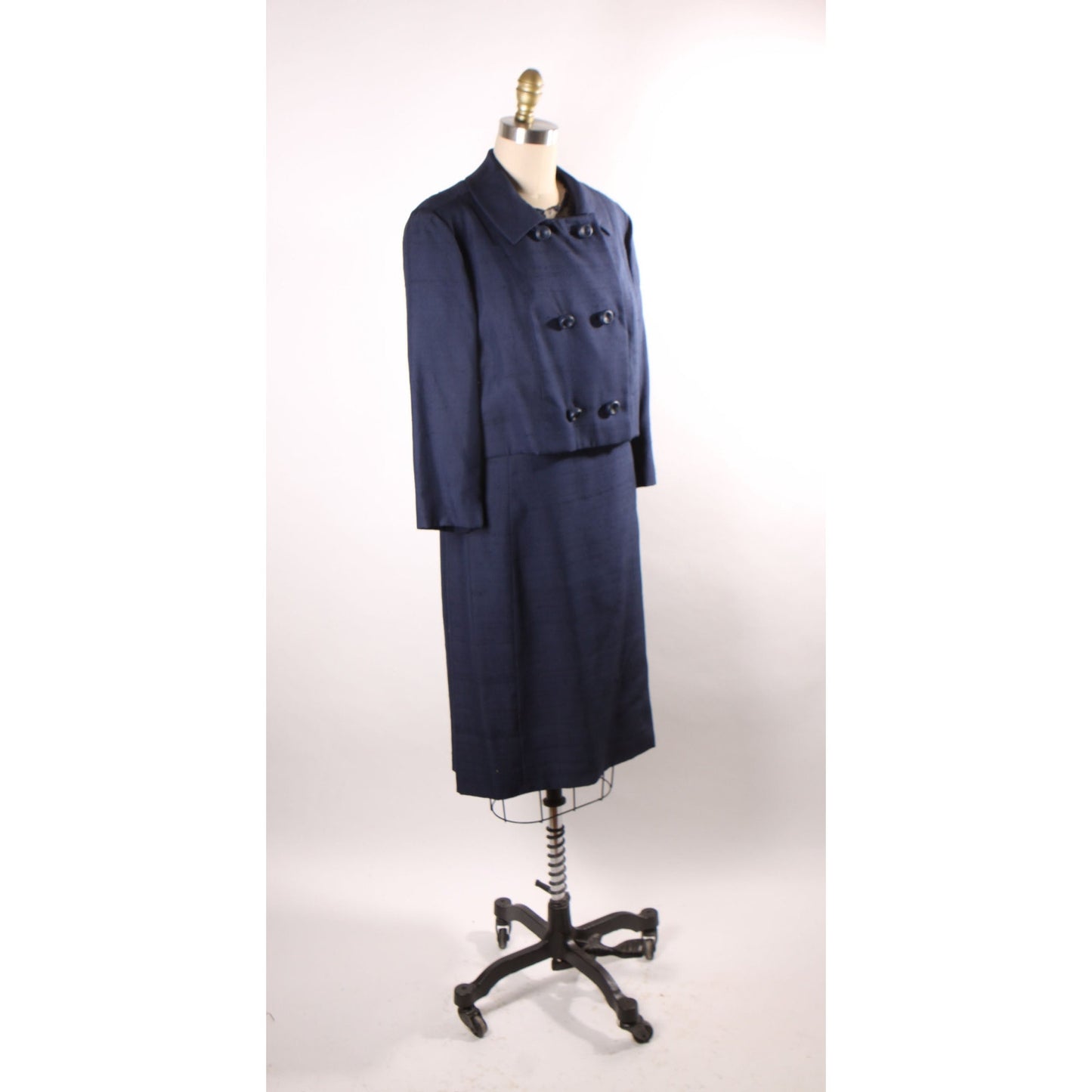 1960s Navy Blue Short Sleeve Sheer Lace Overlay Shift Dress with Matching Long Sleeve Jacket Two Piece Outfit Dress Suit -M-L