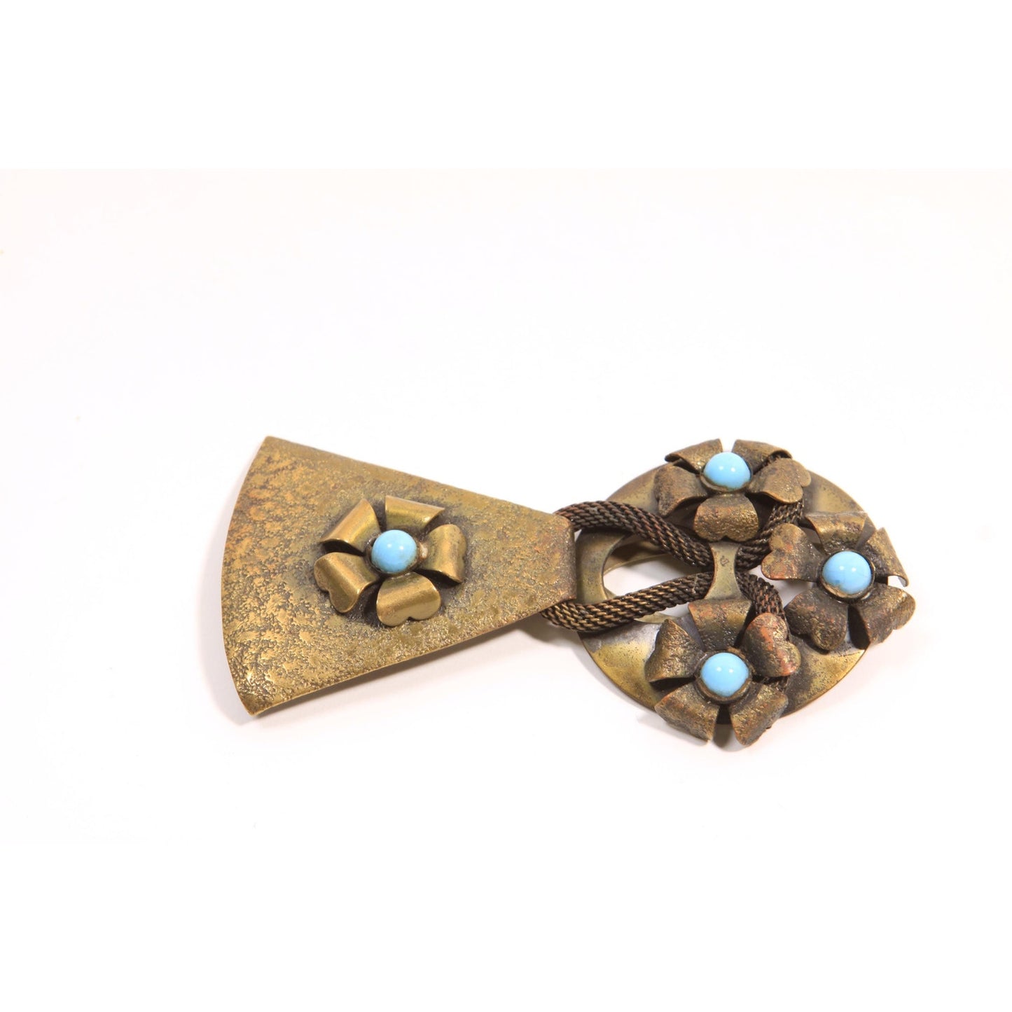 Antique 1900s 1910s Art Nouveau Edwardian Bronze and Turquoise Blue Metal Belt Buckle Clasp