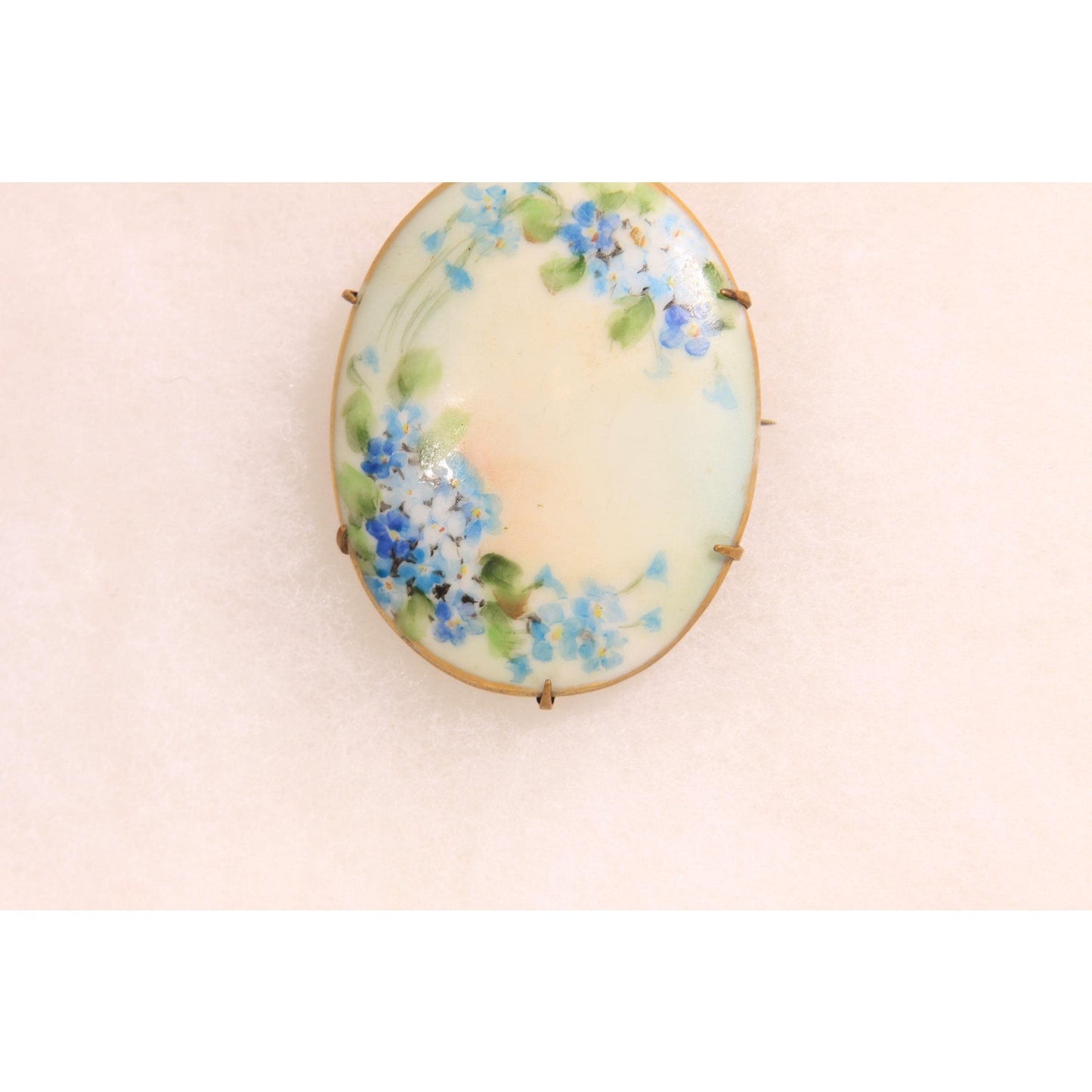 Antique Victorian 1800s Cream, Blue and Green Floral Hand Painted Porcelain Brooch