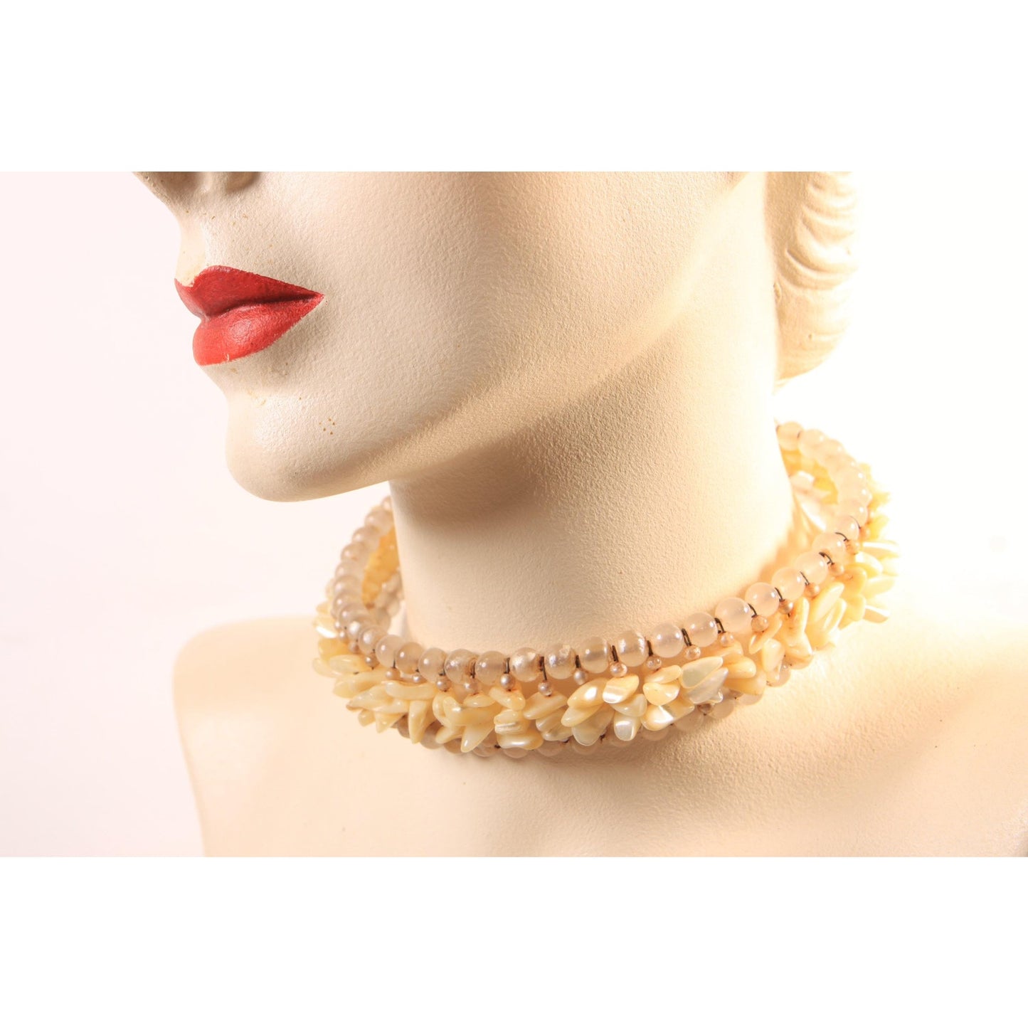 1950s Faux Pearl and Mother of Pearl Chip Wired Choker Necklace with Matching Bracelet
