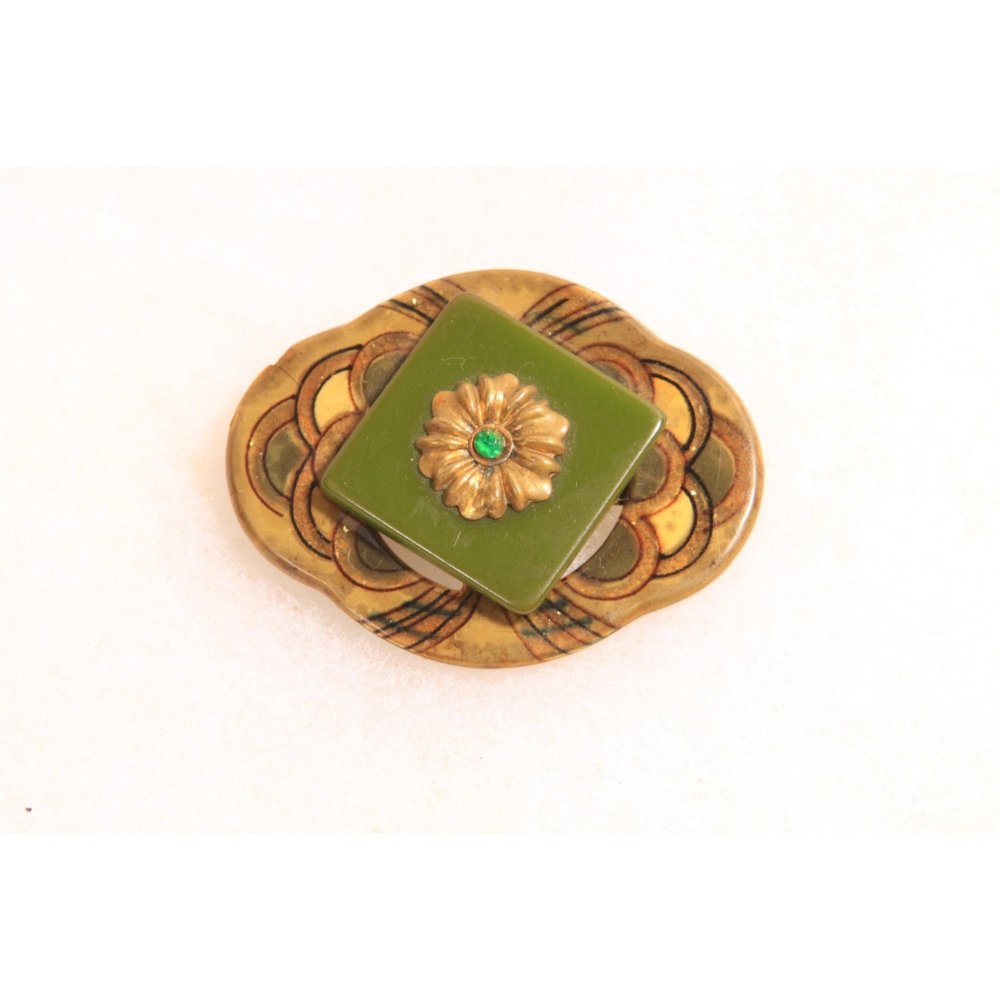 1930s Green and Yellow Rhinestone Art Deco Art Nouveau Rounded Bakelite and Plastic Swirl Brooch