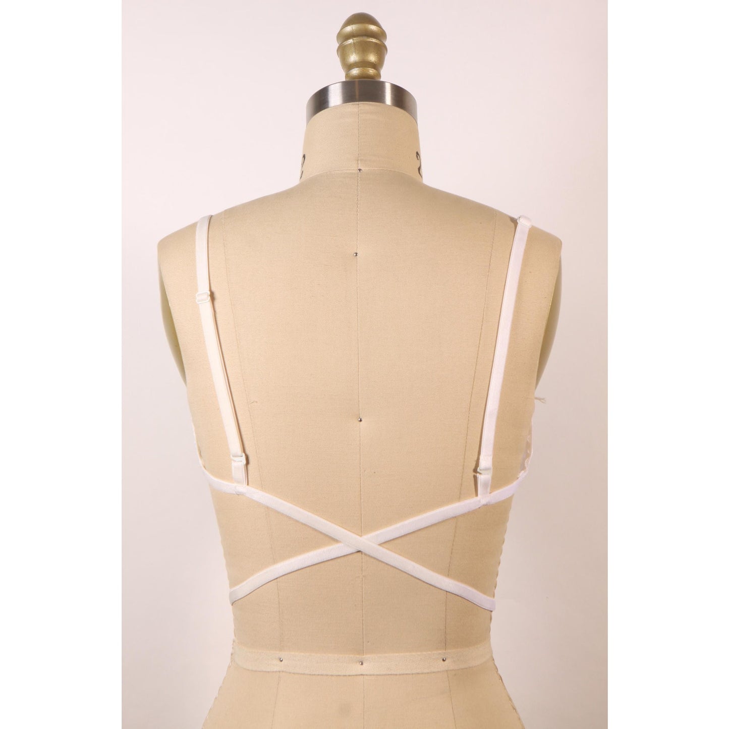 1970s Sheer White Floral Lace Bow Detail Underwire Criss Cross Low Cut Back Bra by Fredericks of Hollywood-38C