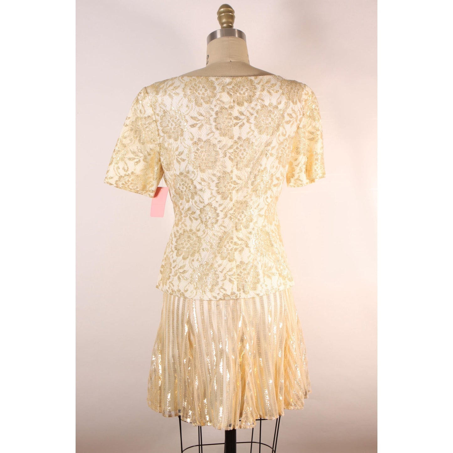 Dead Stock 1980s Gold Metallic Floral Flower Lace Button Down Blouse with Matching Striped Skirt Suit Outfit by Honeybee -XS