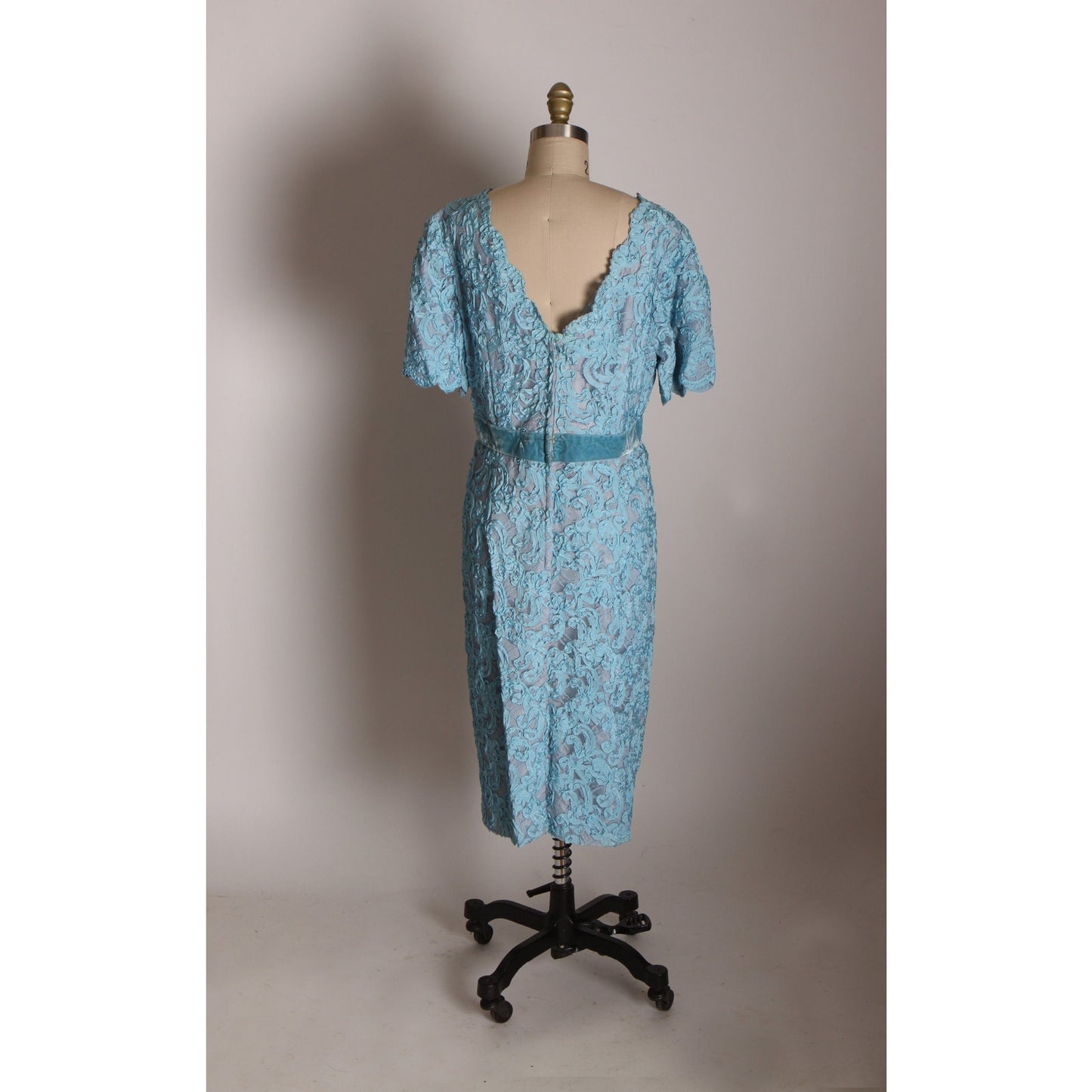Early 1960s Blue Soutache Lace Short Sleeve Formal Blue Velvet Bow Dress with Matching 3/4 Length Sleeve Jacket -XL