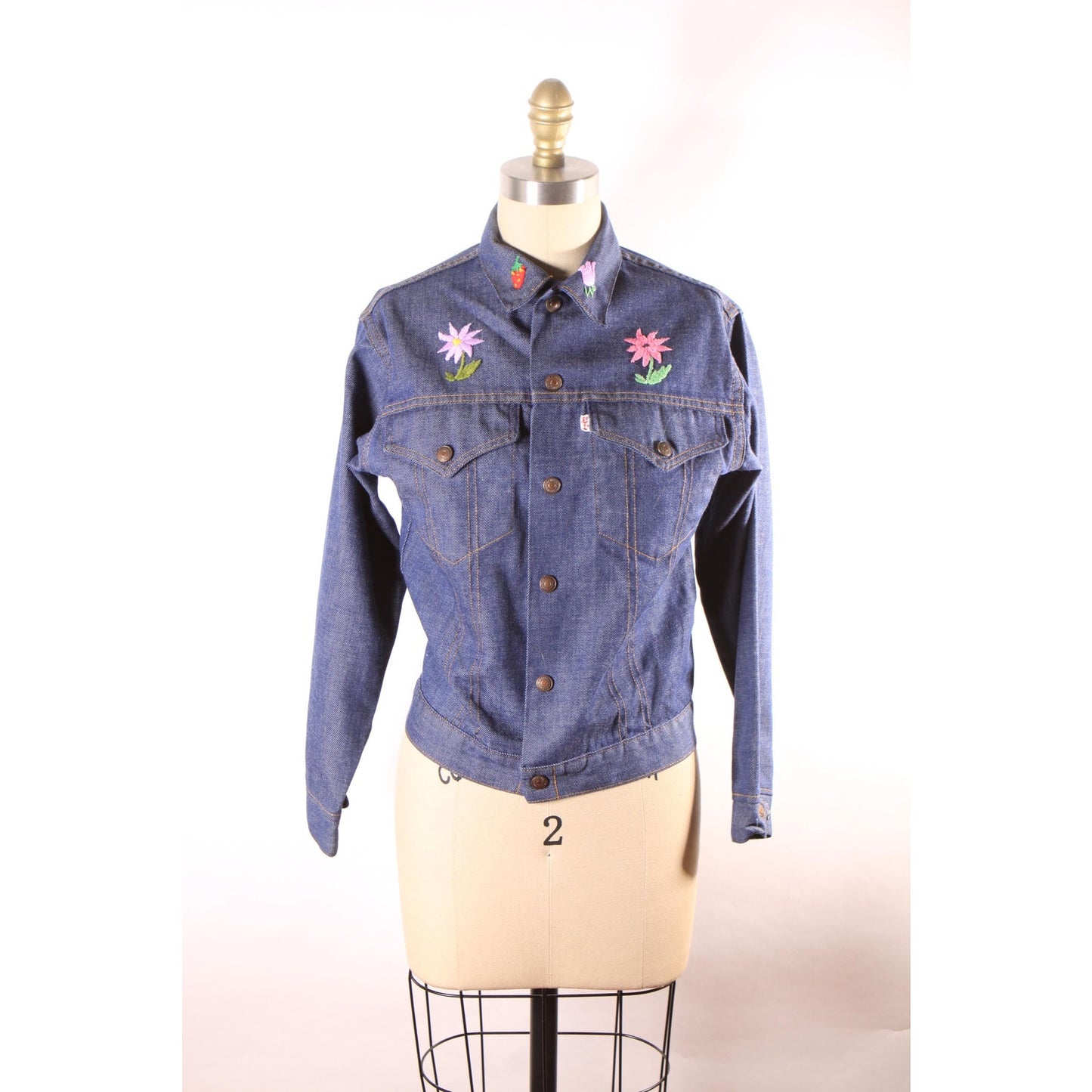 1970s Blue Denim Novelty Embroidered Floral Flowers Sunflowers and Strawberry Cropped Denim Jacket by Levi's -M