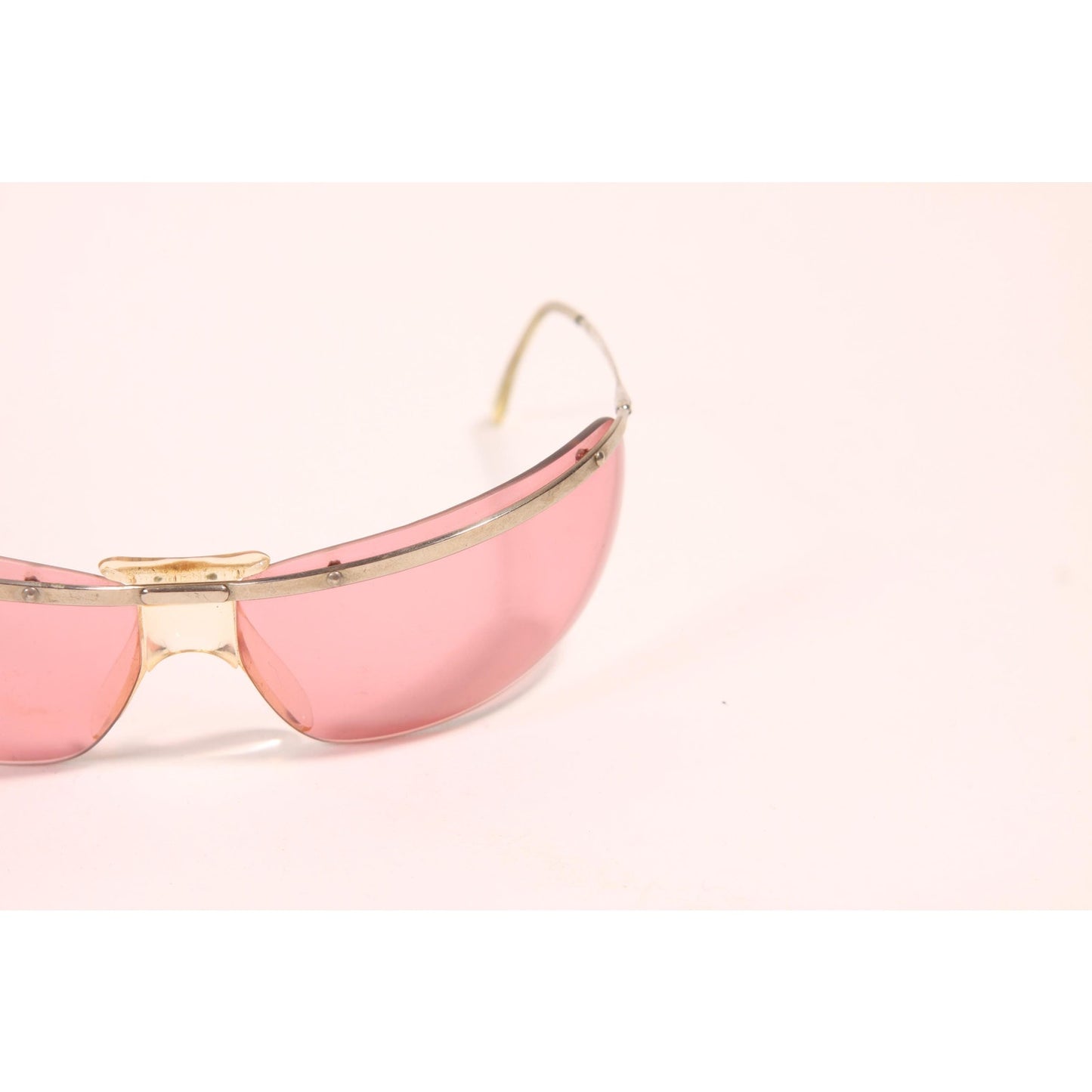 1960s Clear Pink and Silver Tone Metal Curved Frame Floating Lens Elvis Wrap Around Sunglasses by Renauld of France with Original Case