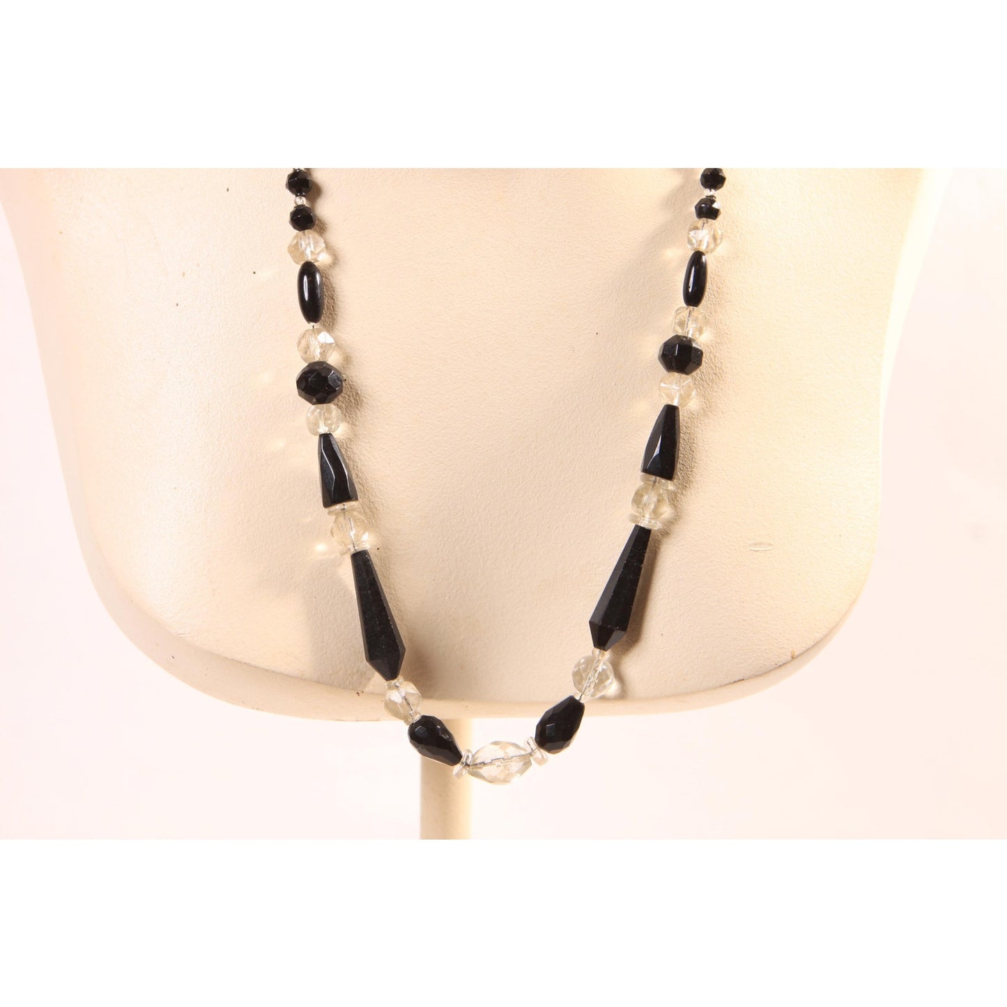 1950s Black and Clear Glass Faceted Oval and Round Beaded Necklace