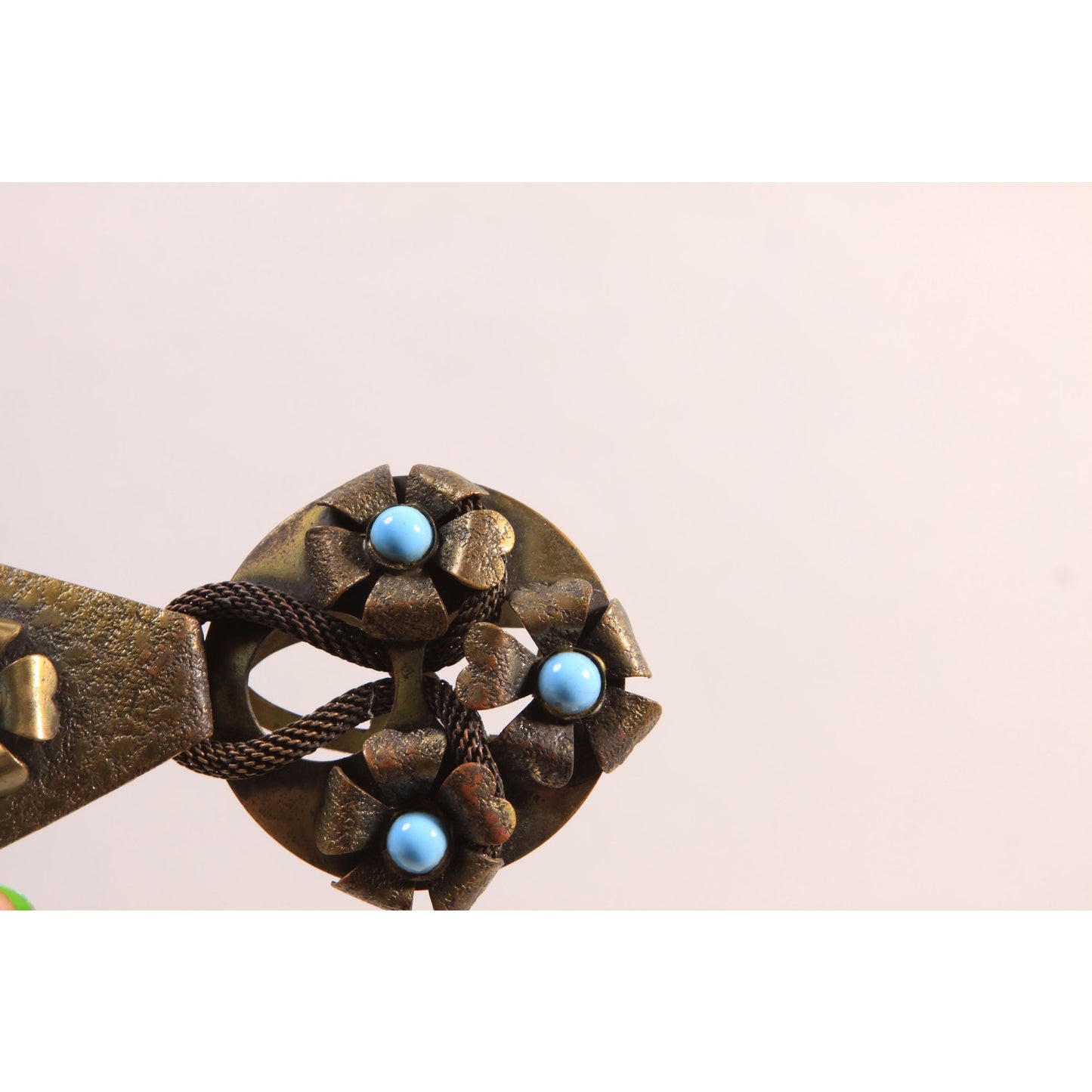Antique 1900s 1910s Art Nouveau Edwardian Bronze and Turquoise Blue Metal Belt Buckle Clasp