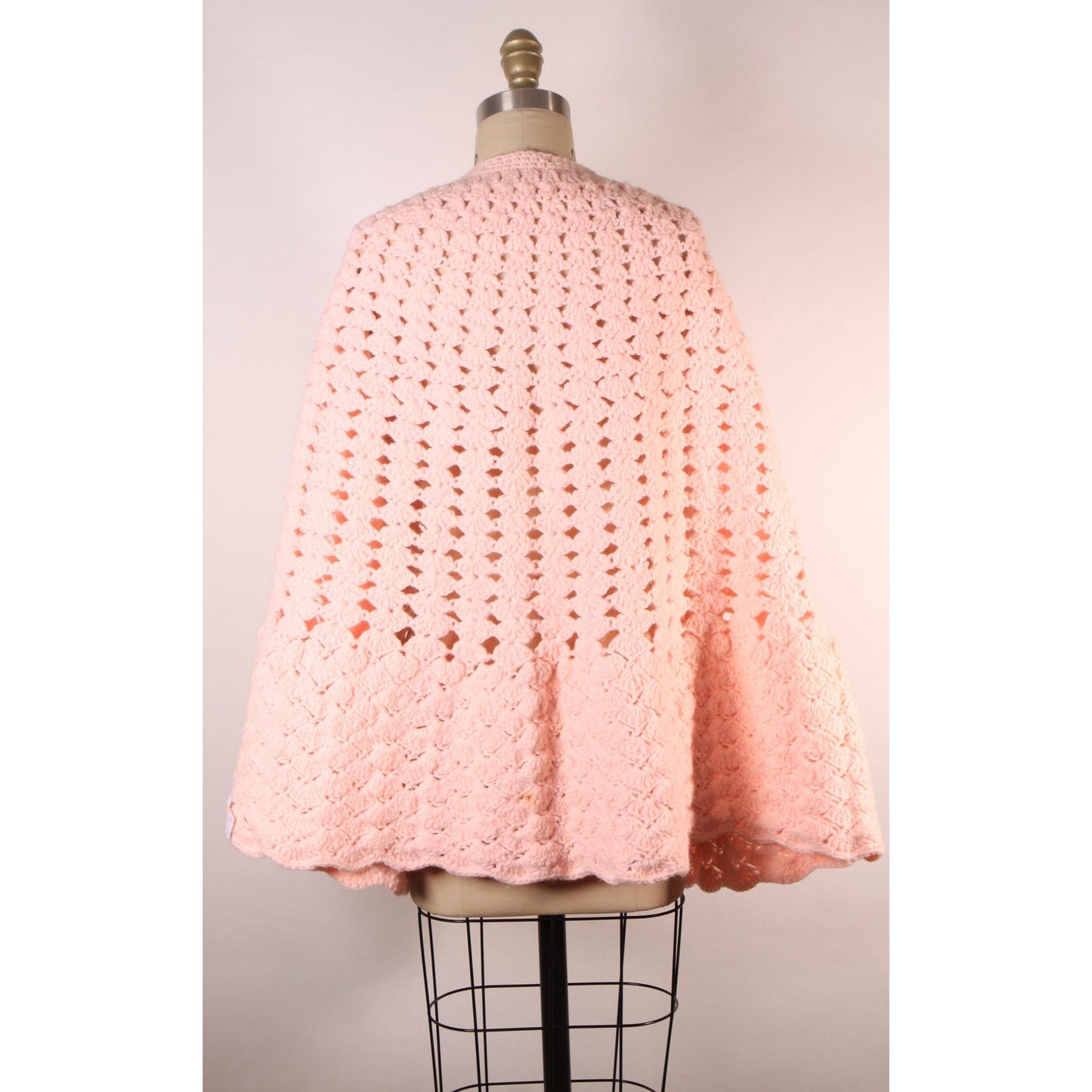 Late 1960s Early 1970s Pastel Pink Crochet Shawl Wrap
