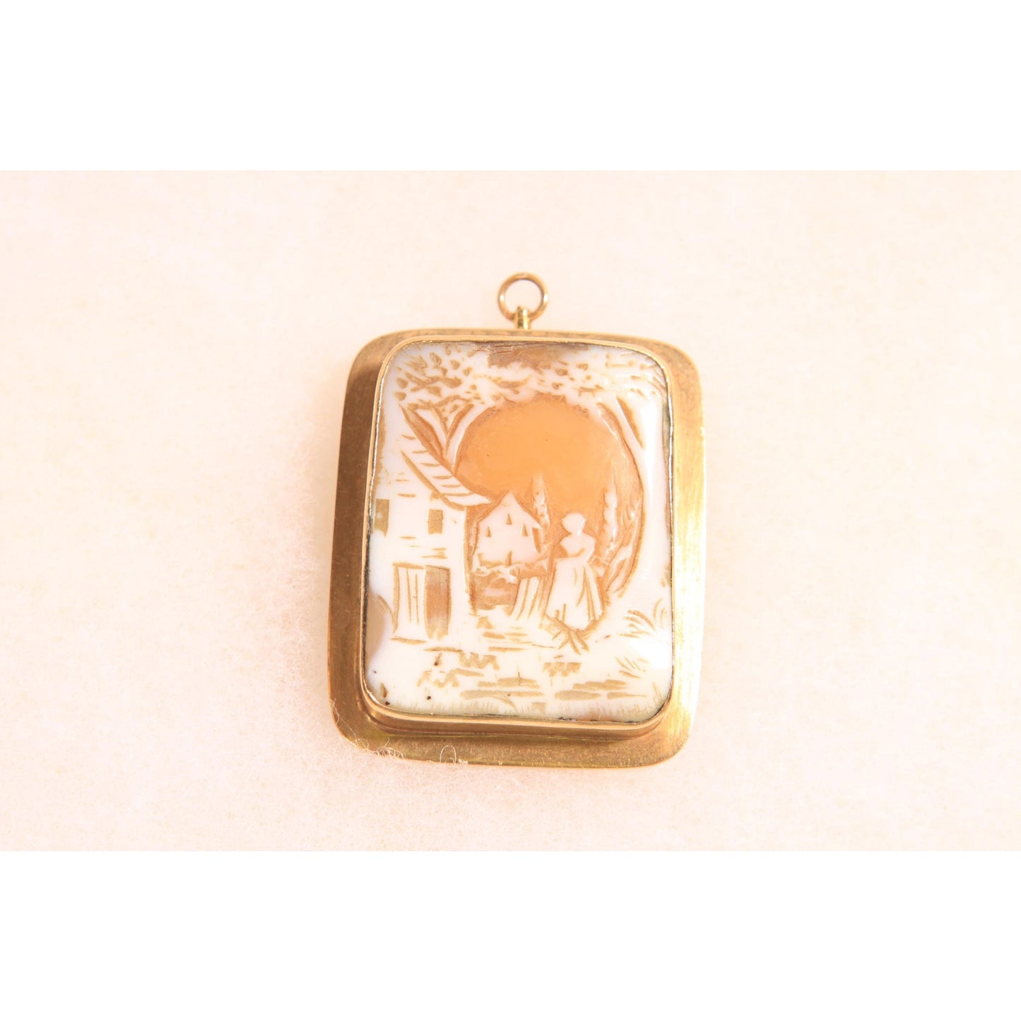 Antique 1900s 1910s 1920s Peach Pink, Cream and Gold Tone Metal Carved Shell Brooch Pendant
