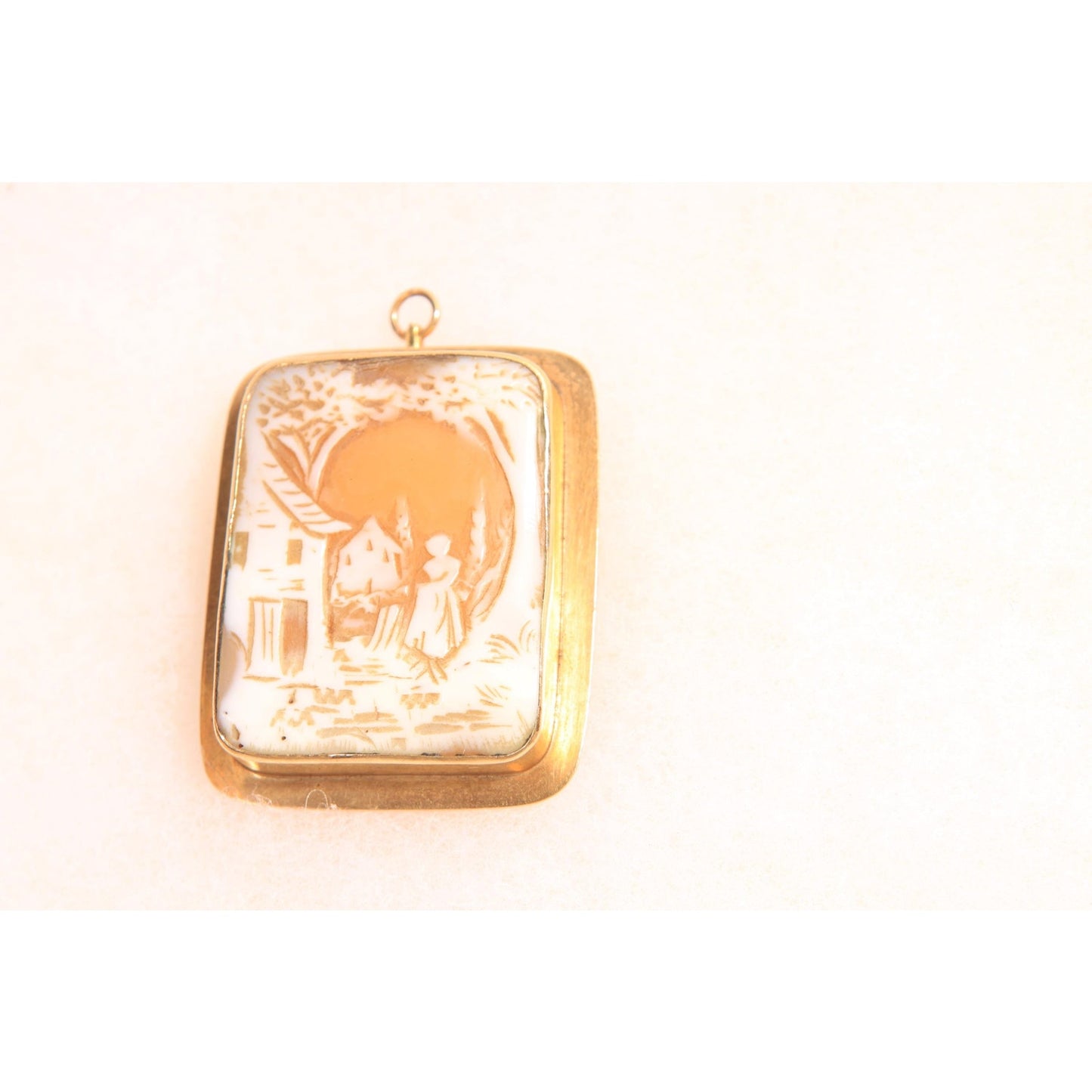 Antique 1900s 1910s 1920s Peach Pink, Cream and Gold Tone Metal Carved Shell Brooch Pendant